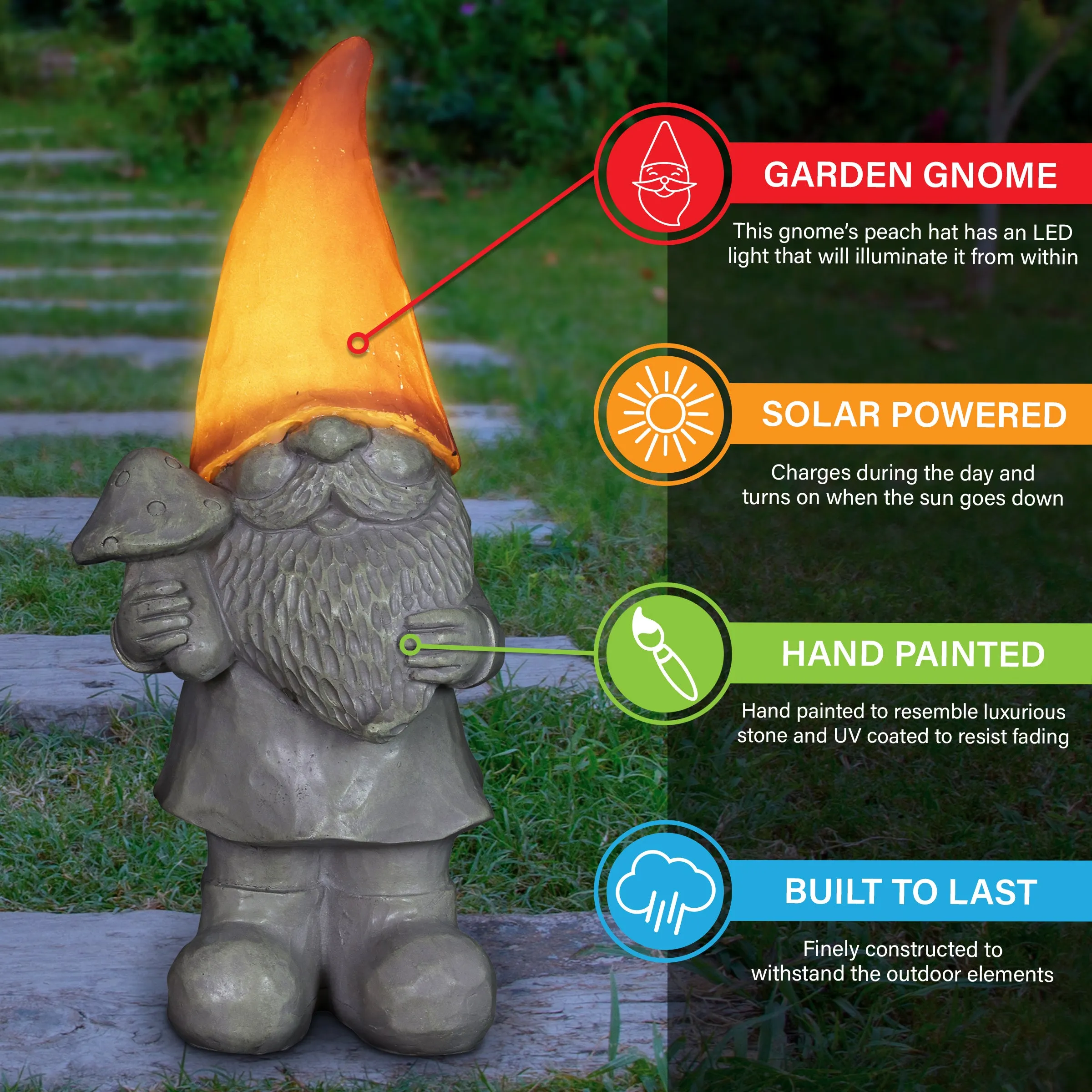 Solar Peach Happy Hat Gnome Statue, 11 Inch