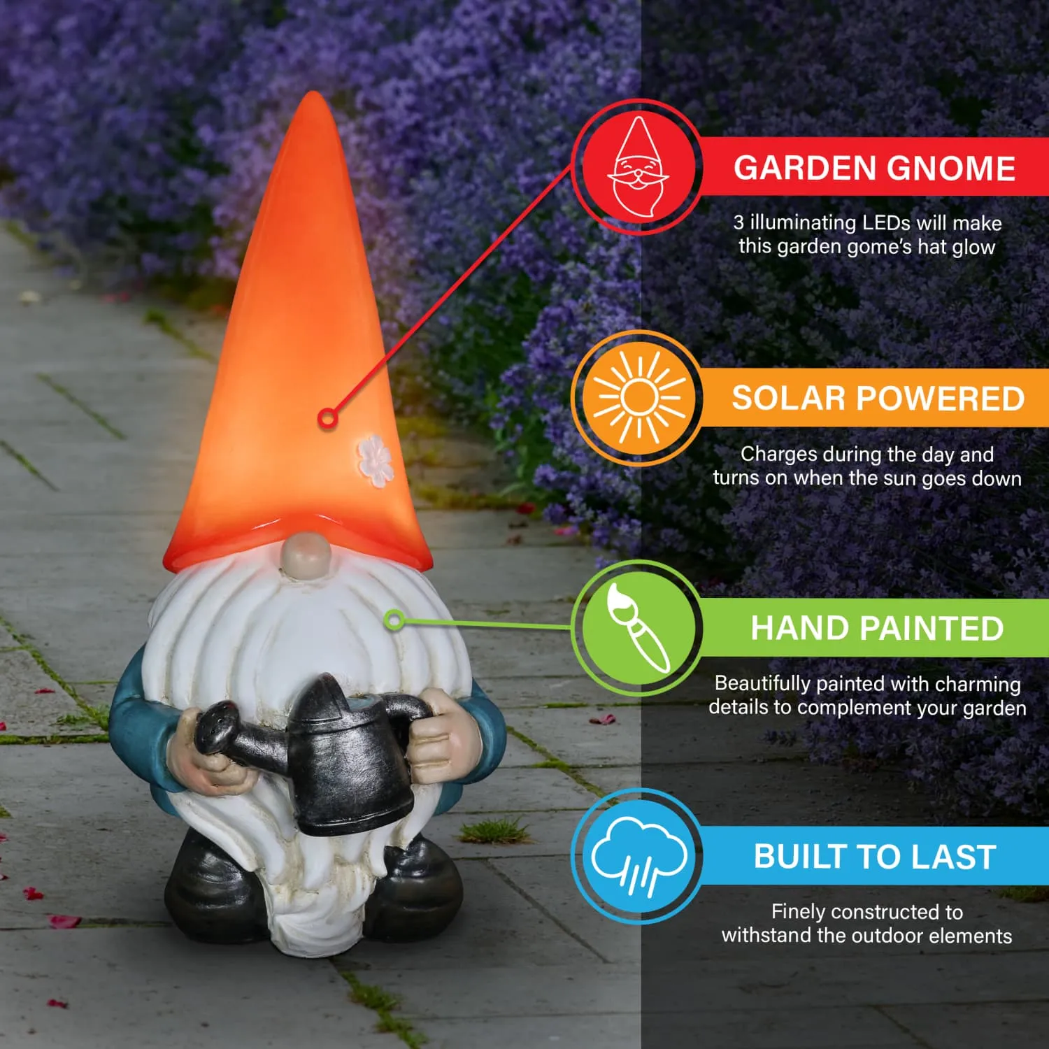 Solar Red Hat Garden Gnome with Watering Can Statuary, 6.5 by 12.5 Inch