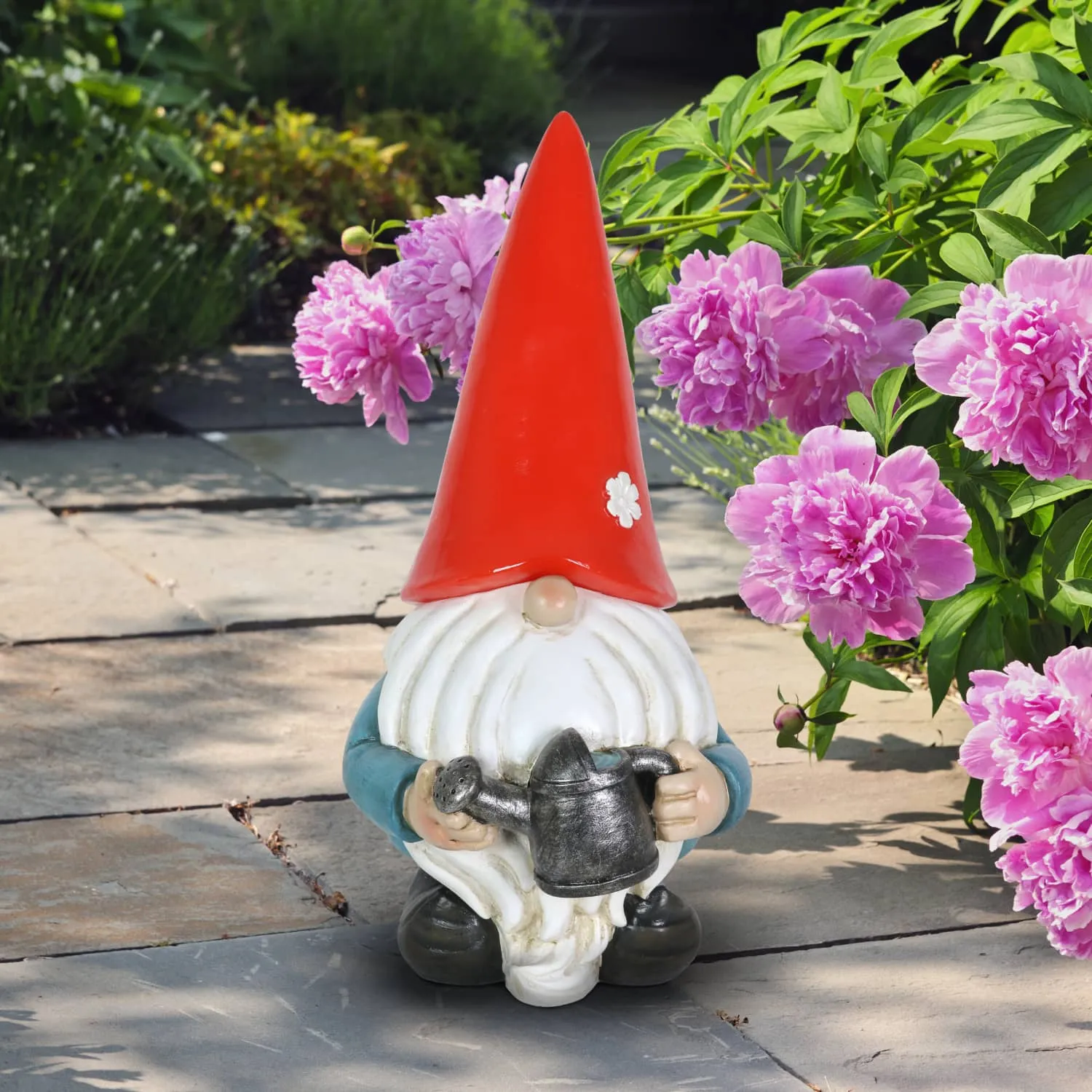 Solar Red Hat Garden Gnome with Watering Can Statuary, 6.5 by 12.5 Inch