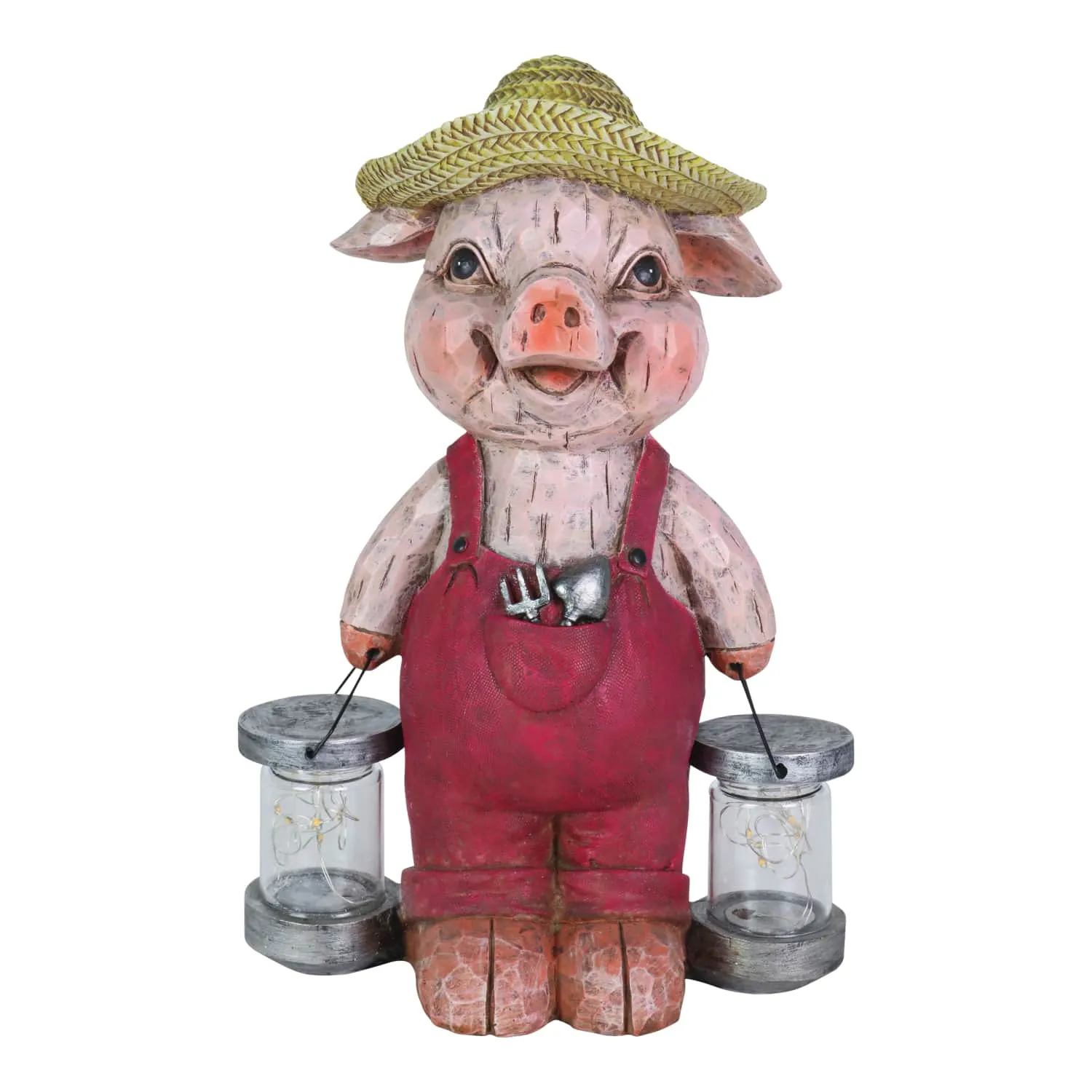 Solar Rustic Farmhouse Pig with Firefly Jars Statuary, 12.5 Inches