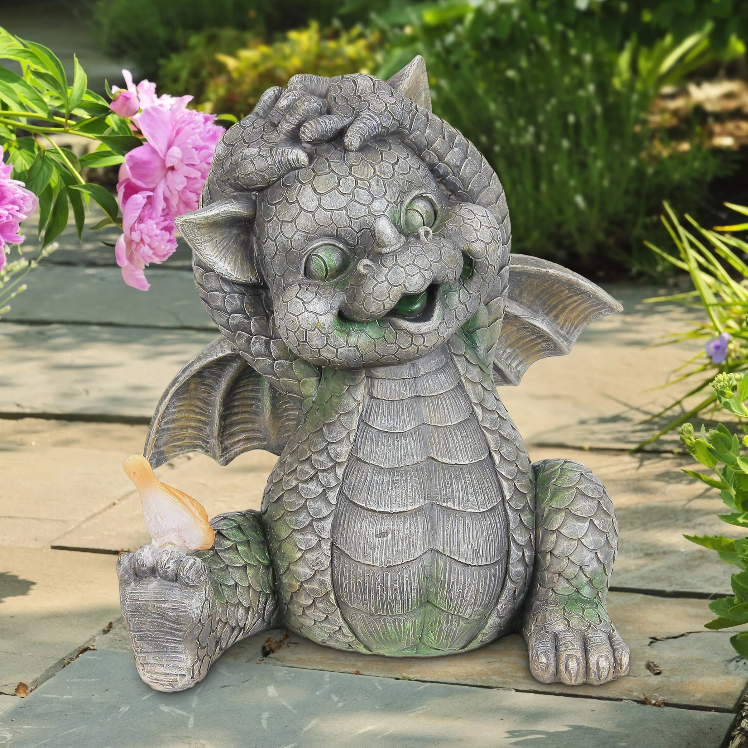Solar Stretching Dragon Garden Statue with LED Bird, 9.5 by 10.5 Inches