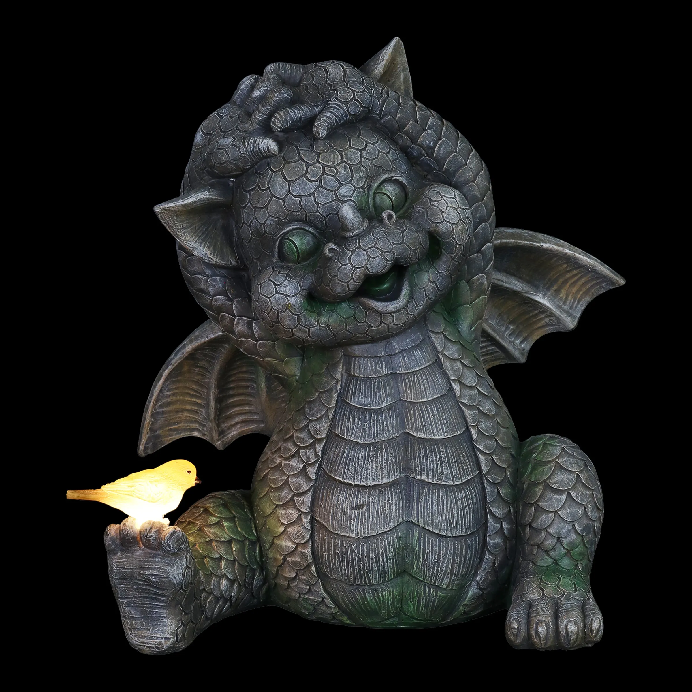 Solar Stretching Dragon Garden Statue with LED Bird, 9.5 by 10.5 Inches