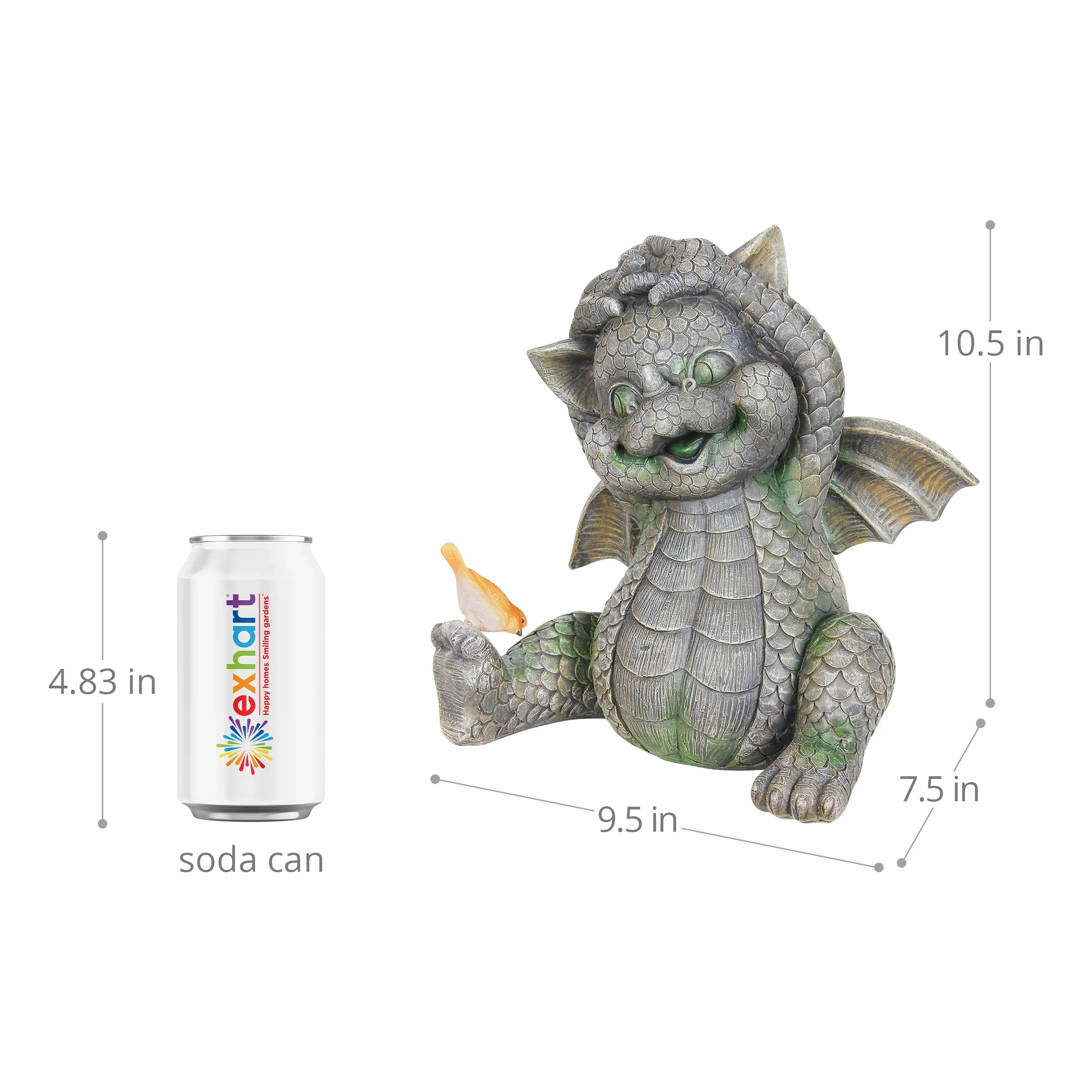 Solar Stretching Dragon Garden Statue with LED Bird, 9.5 by 10.5 Inches