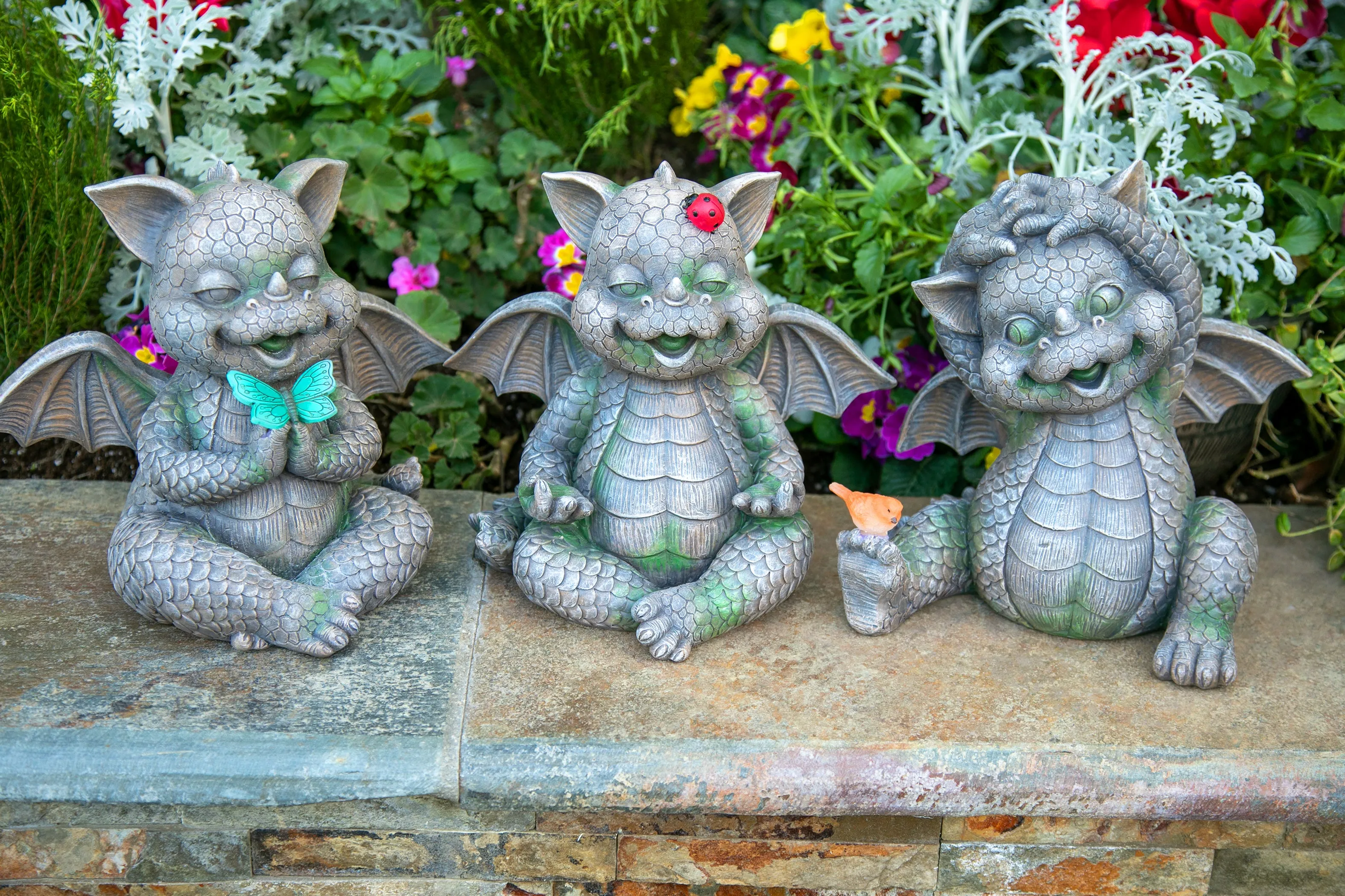 Solar Stretching Dragon Garden Statue with LED Bird, 9.5 by 10.5 Inches
