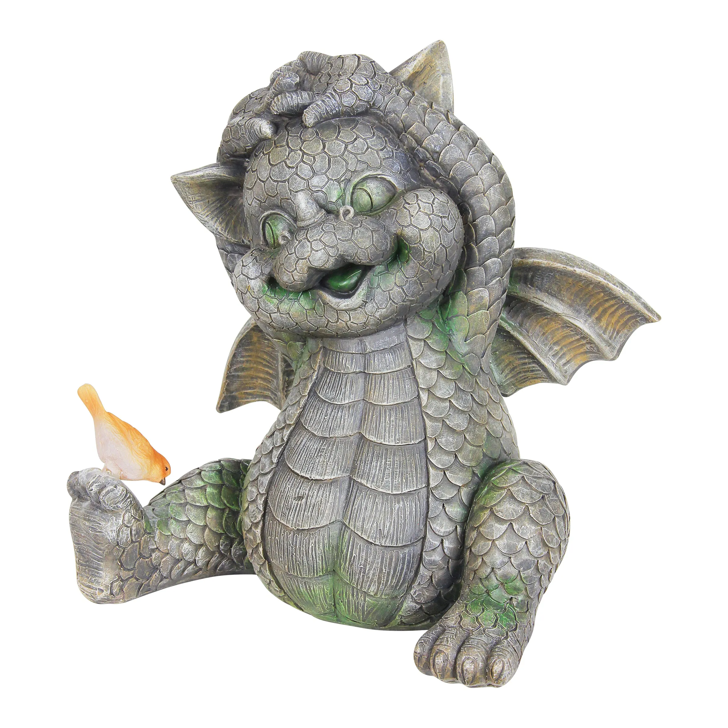 Solar Stretching Dragon Garden Statue with LED Bird, 9.5 by 10.5 Inches
