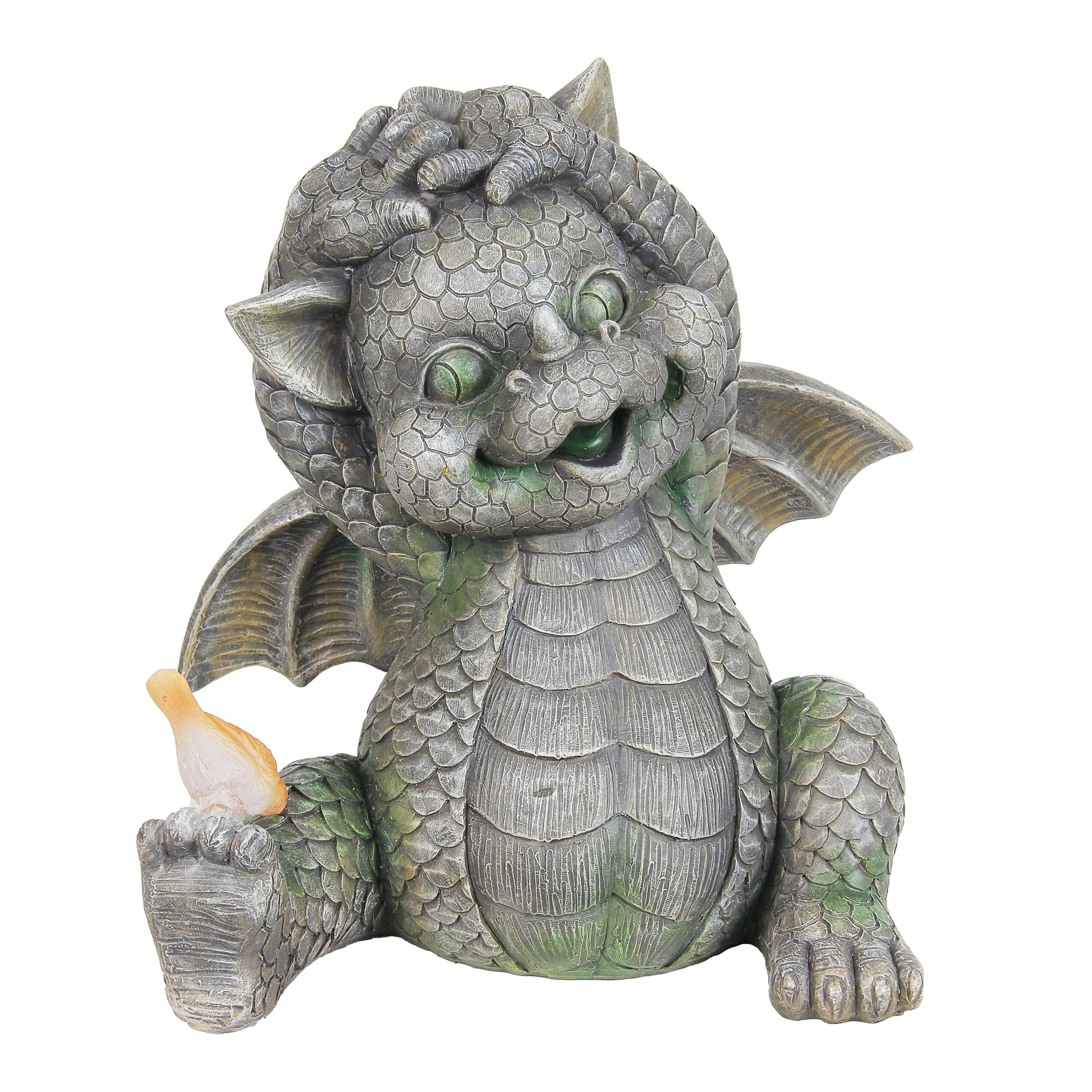 Solar Stretching Dragon Garden Statue with LED Bird, 9.5 by 10.5 Inches
