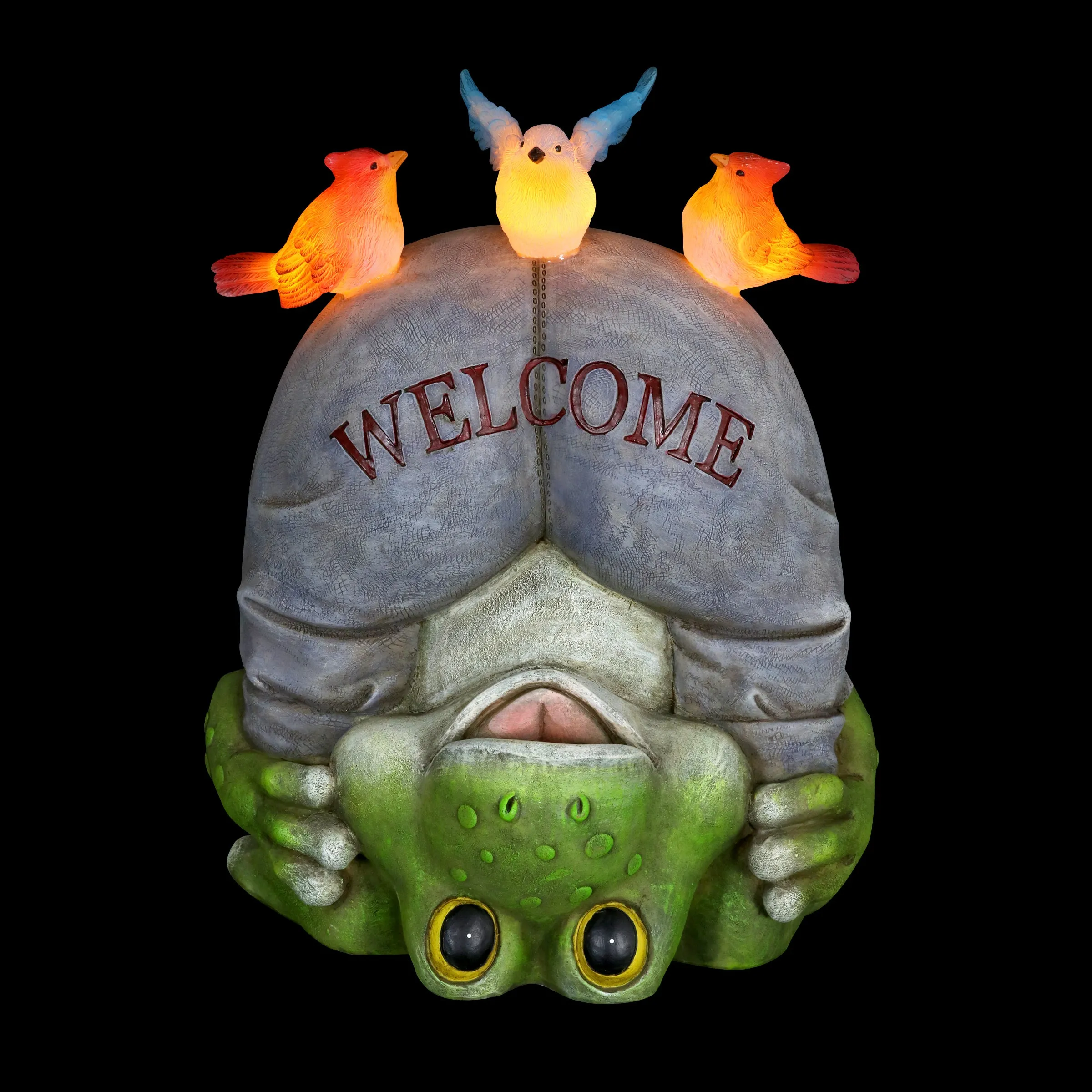 Solar Topsy-Turvy Welcome Frog with Birds Garden Statue, 10 inches