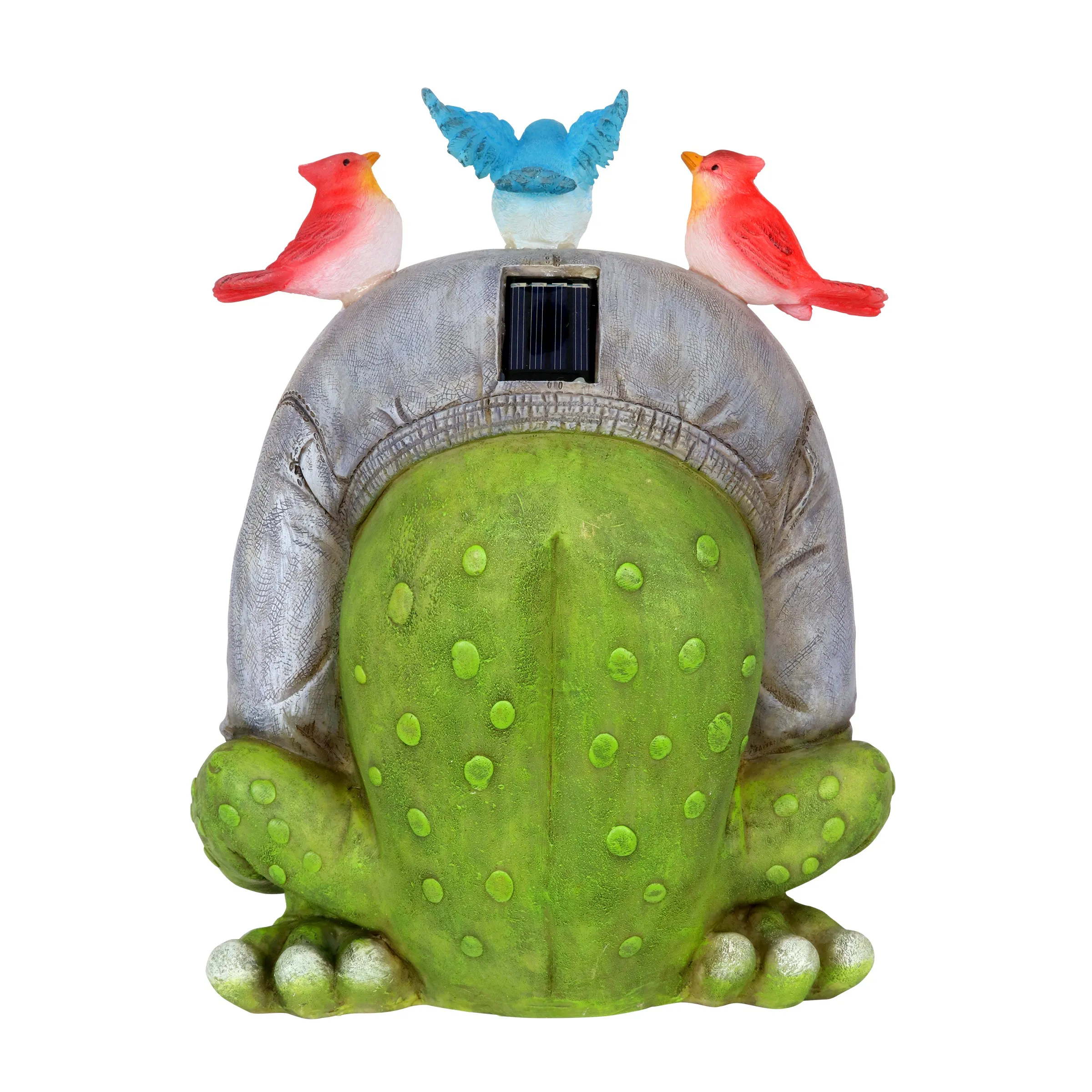 Solar Topsy-Turvy Welcome Frog with Birds Garden Statue, 10 inches
