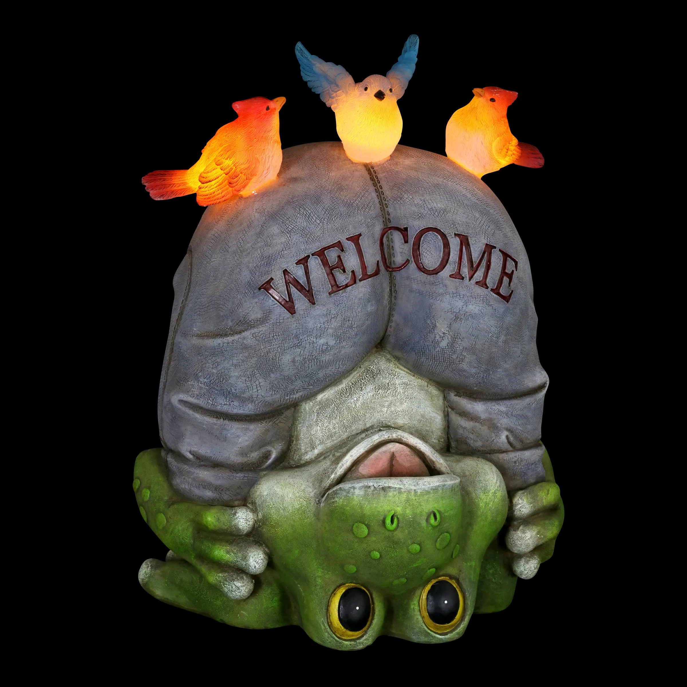 Solar Topsy-Turvy Welcome Frog with Birds Garden Statue, 10 inches