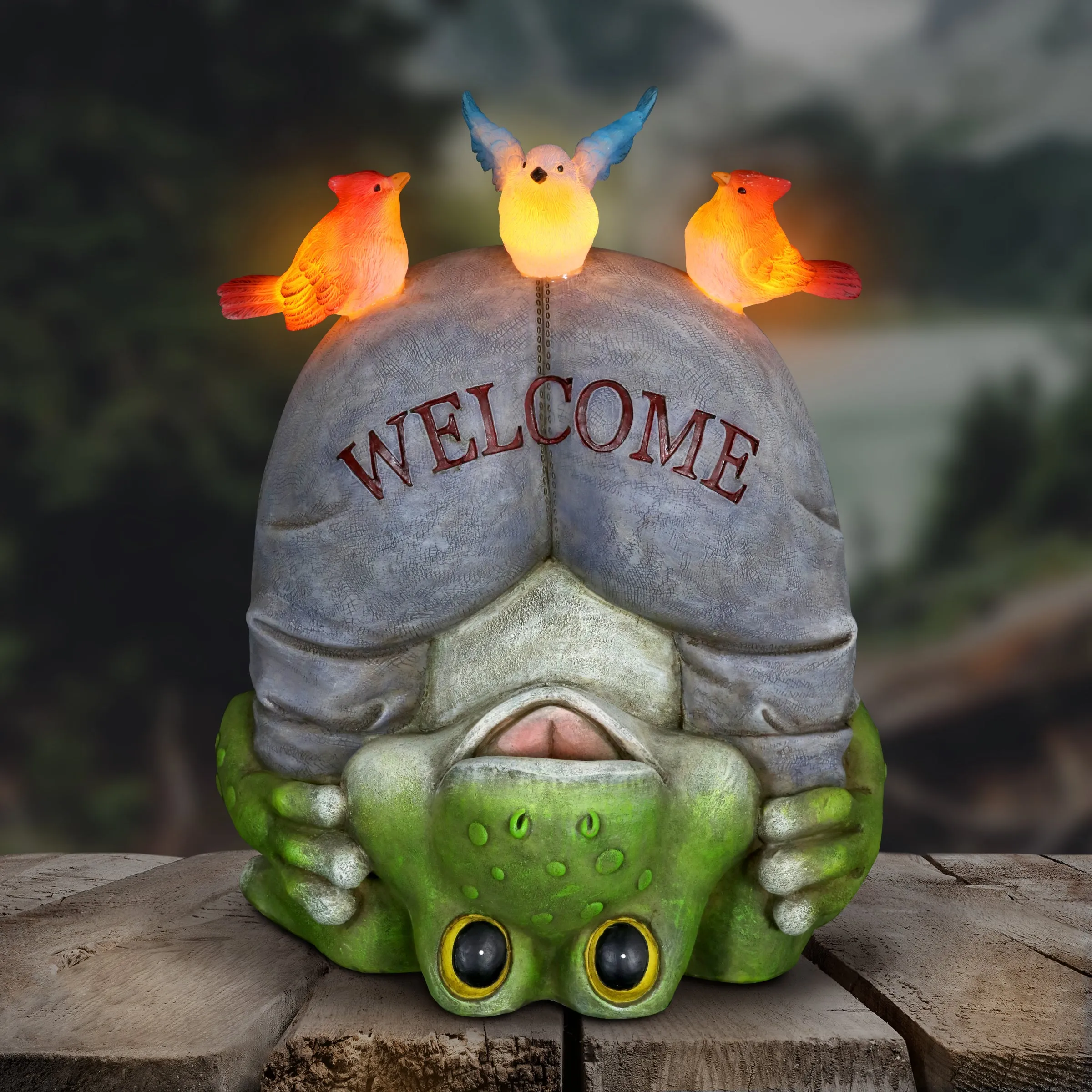 Solar Topsy-Turvy Welcome Frog with Birds Garden Statue, 10 inches