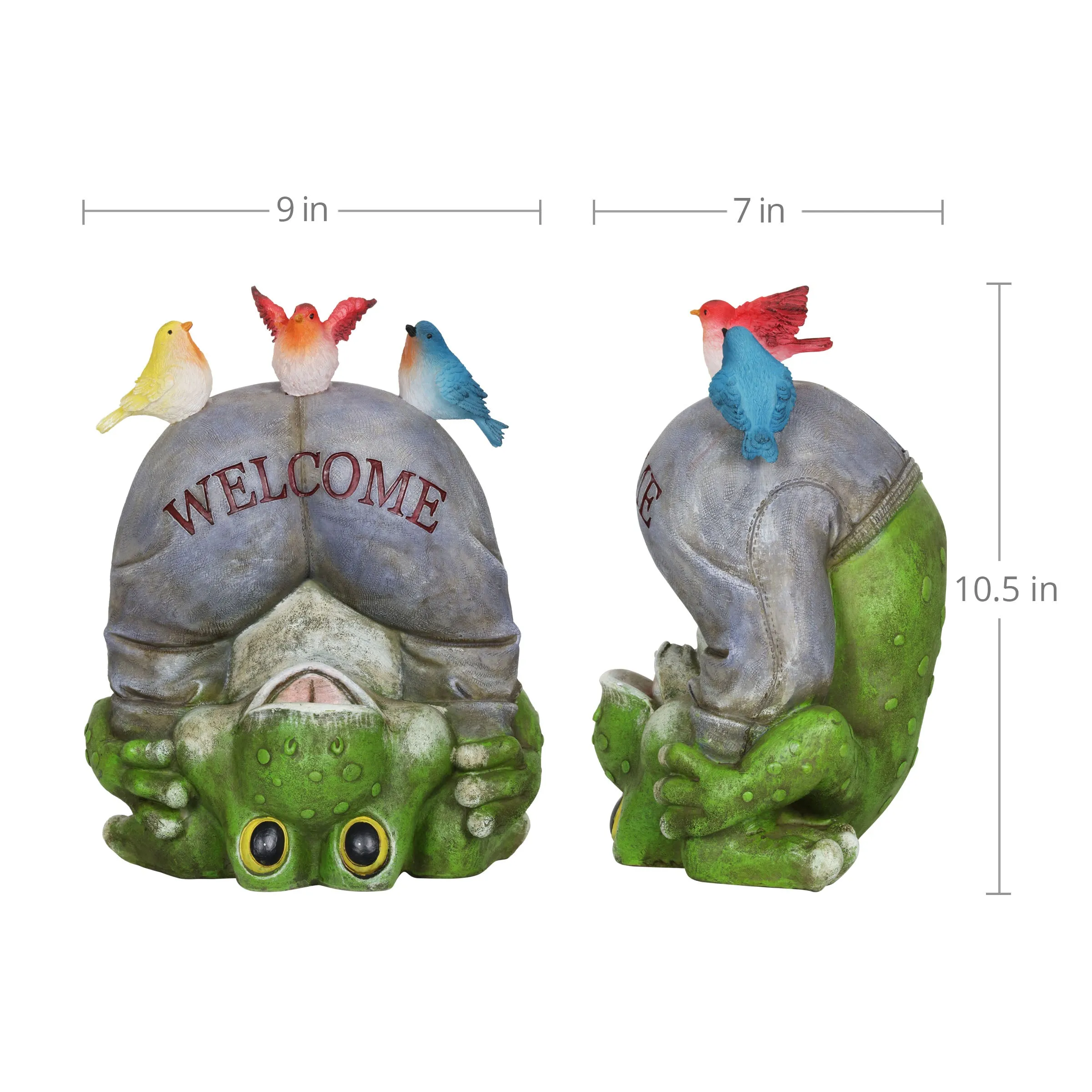 Solar Topsy-Turvy Welcome Frog with Birds Garden Statue, 10 inches