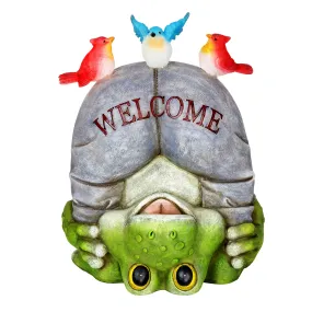 Solar Topsy-Turvy Welcome Frog with Birds Garden Statue, 10 inches