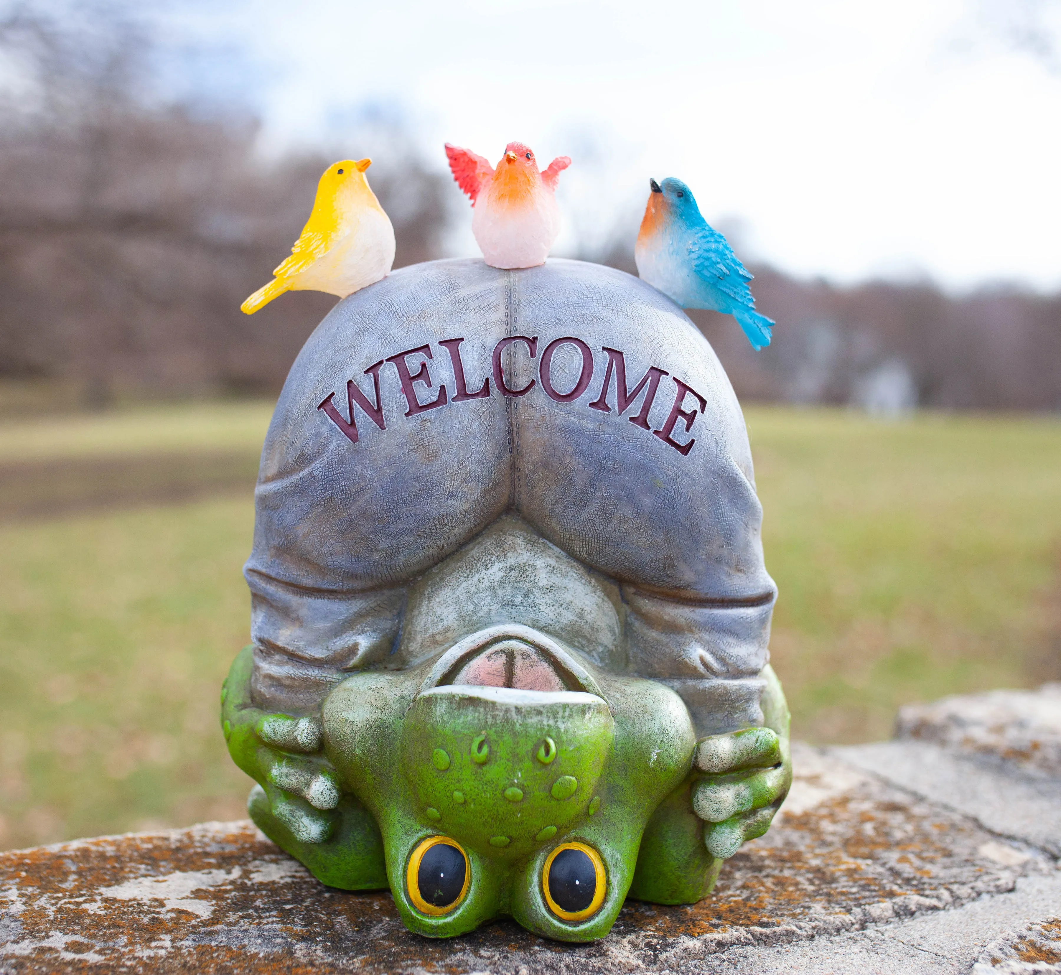 Solar Topsy-Turvy Welcome Frog with Birds Garden Statue, 10 inches