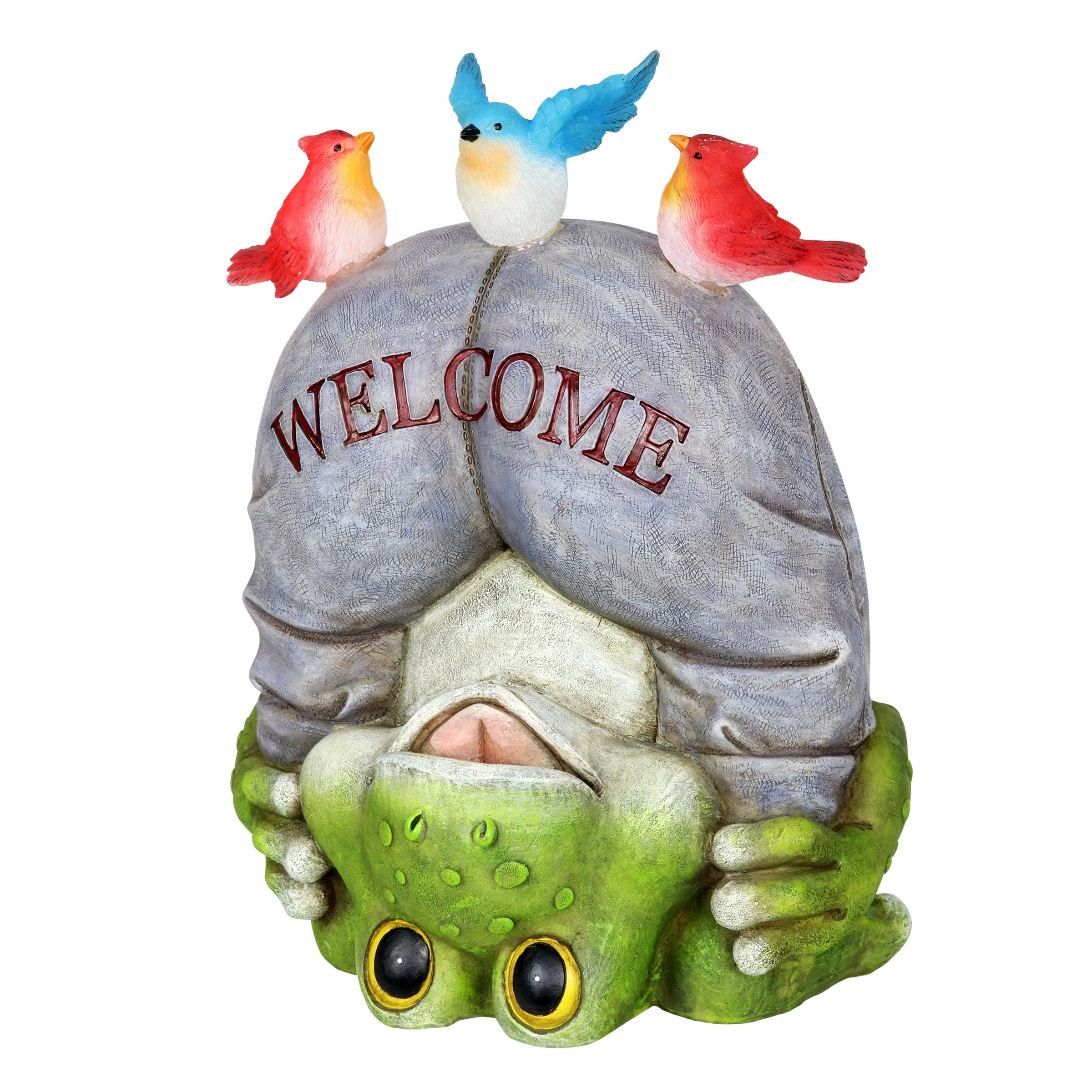 Solar Topsy-Turvy Welcome Frog with Birds Garden Statue, 10 inches