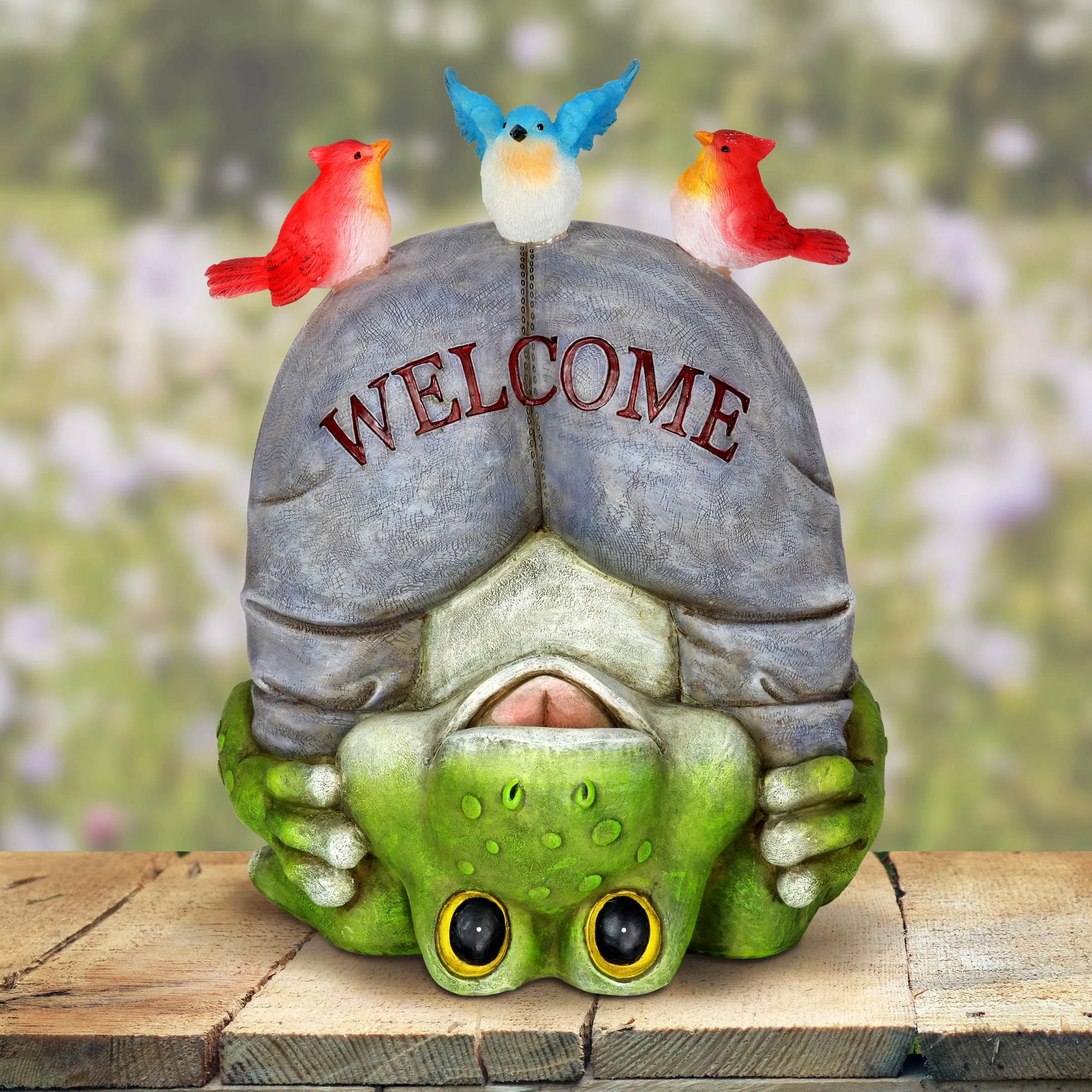 Solar Topsy-Turvy Welcome Frog with Birds Garden Statue, 10 inches