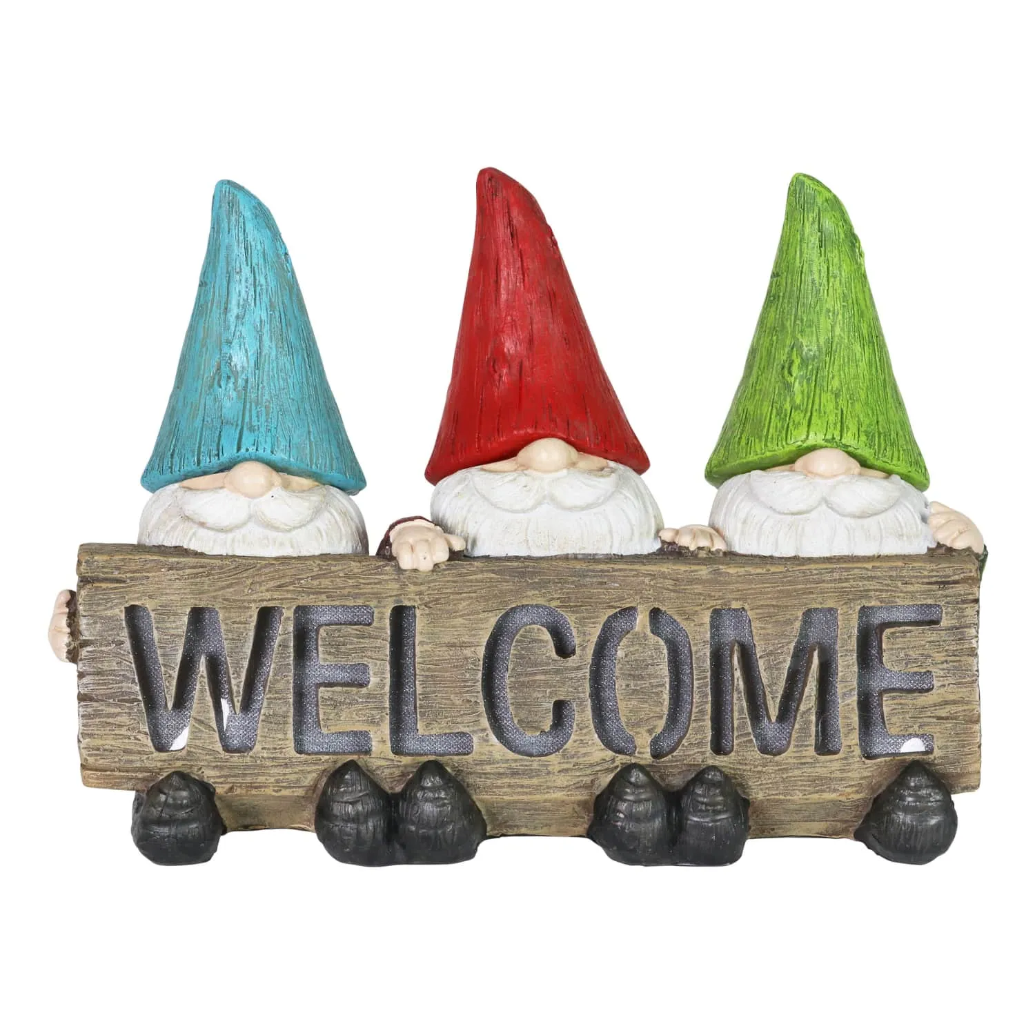 Solar Welcome Sign Held by Three Garden Gnomes Statuary, 13 by 8.5 Inches