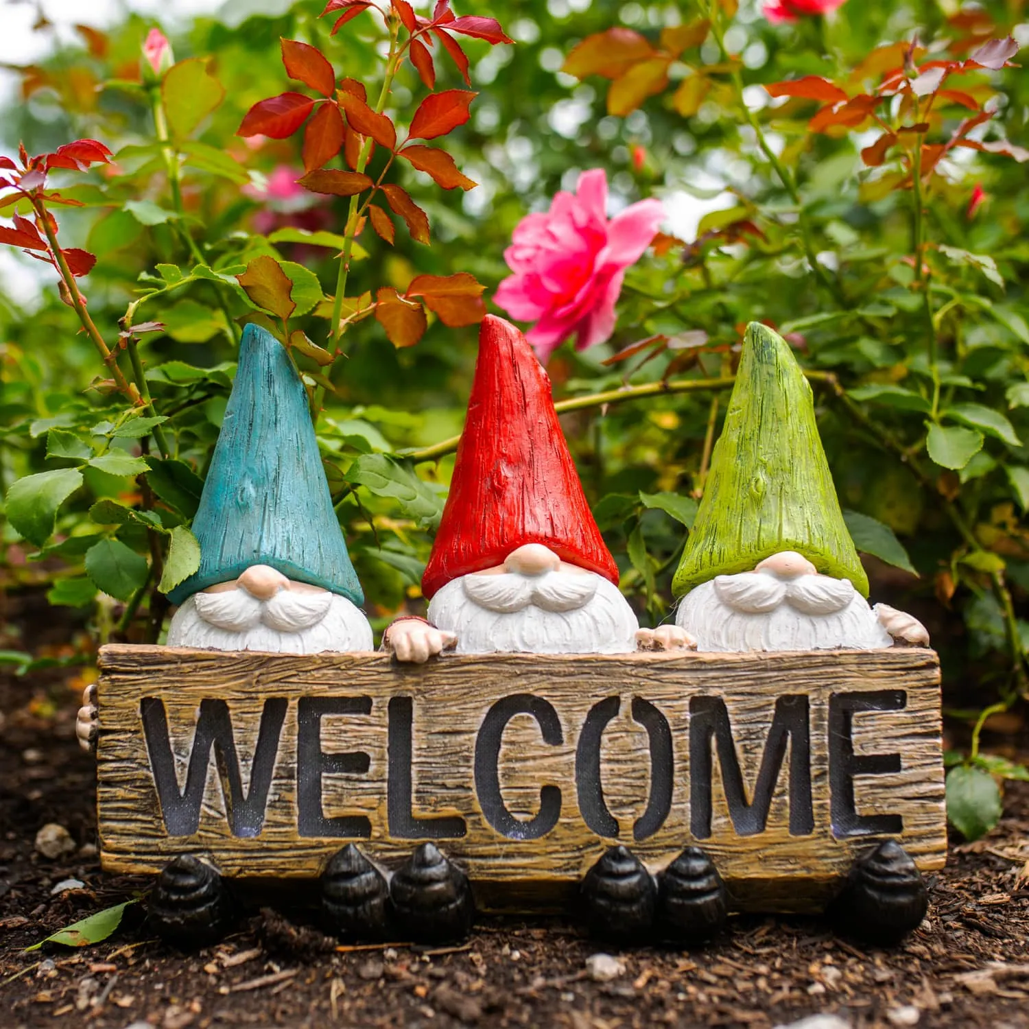 Solar Welcome Sign Held by Three Garden Gnomes Statuary, 13 by 8.5 Inches