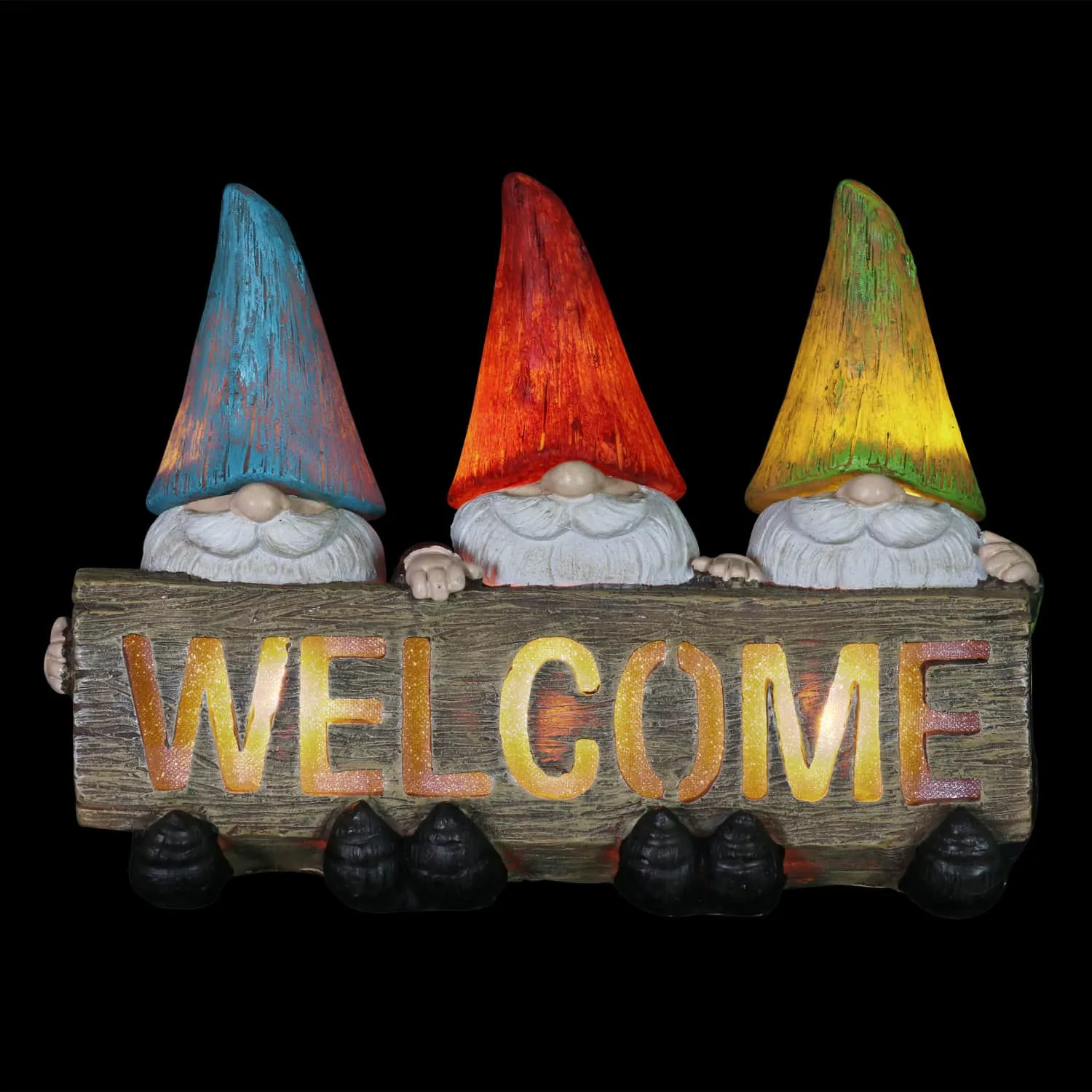 Solar Welcome Sign Held by Three Garden Gnomes Statuary, 13 by 8.5 Inches