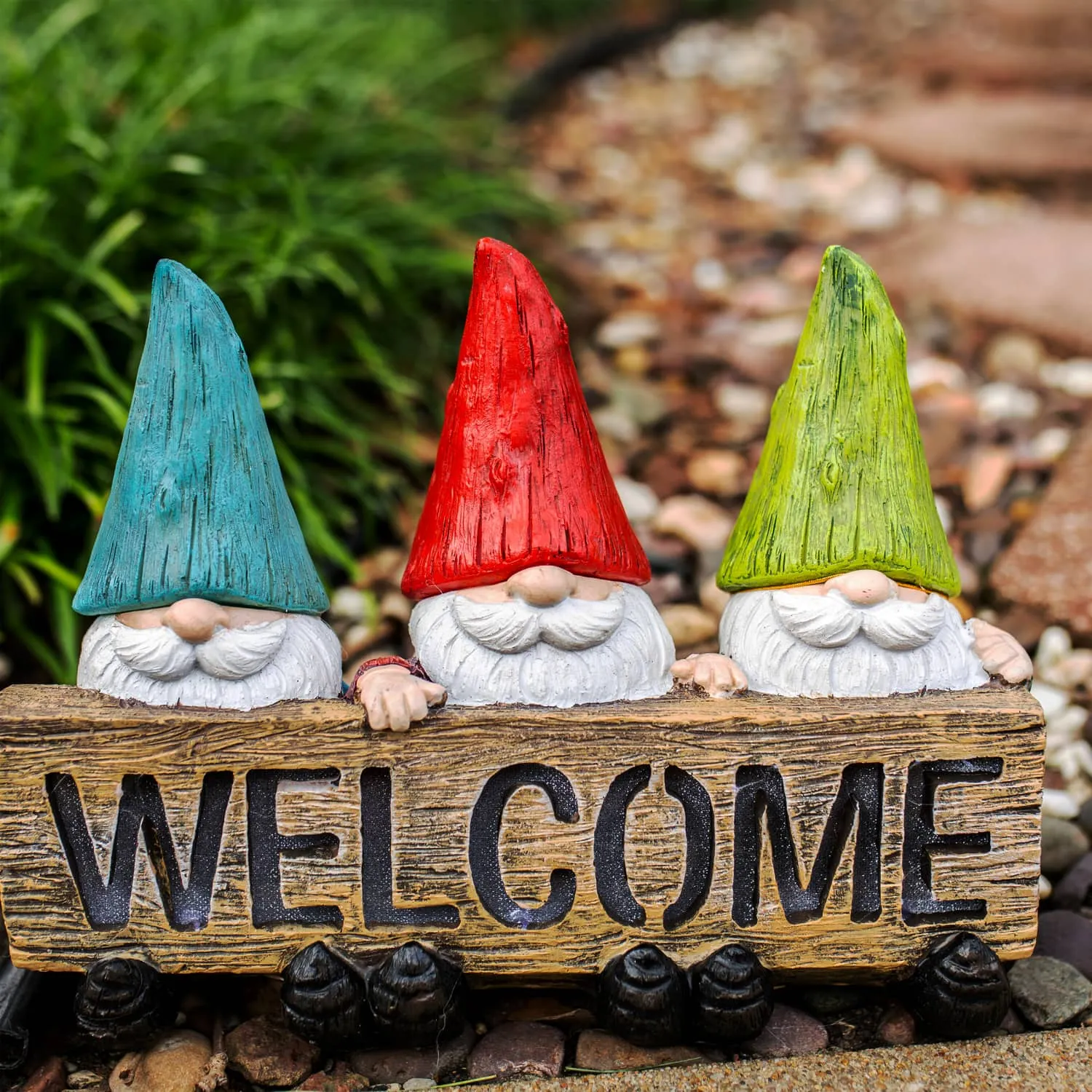 Solar Welcome Sign Held by Three Garden Gnomes Statuary, 13 by 8.5 Inches