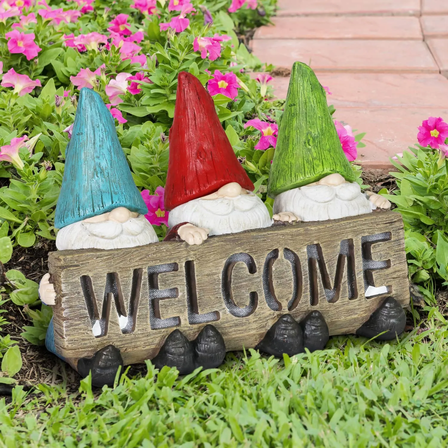 Solar Welcome Sign Held by Three Garden Gnomes Statuary, 13 by 8.5 Inches