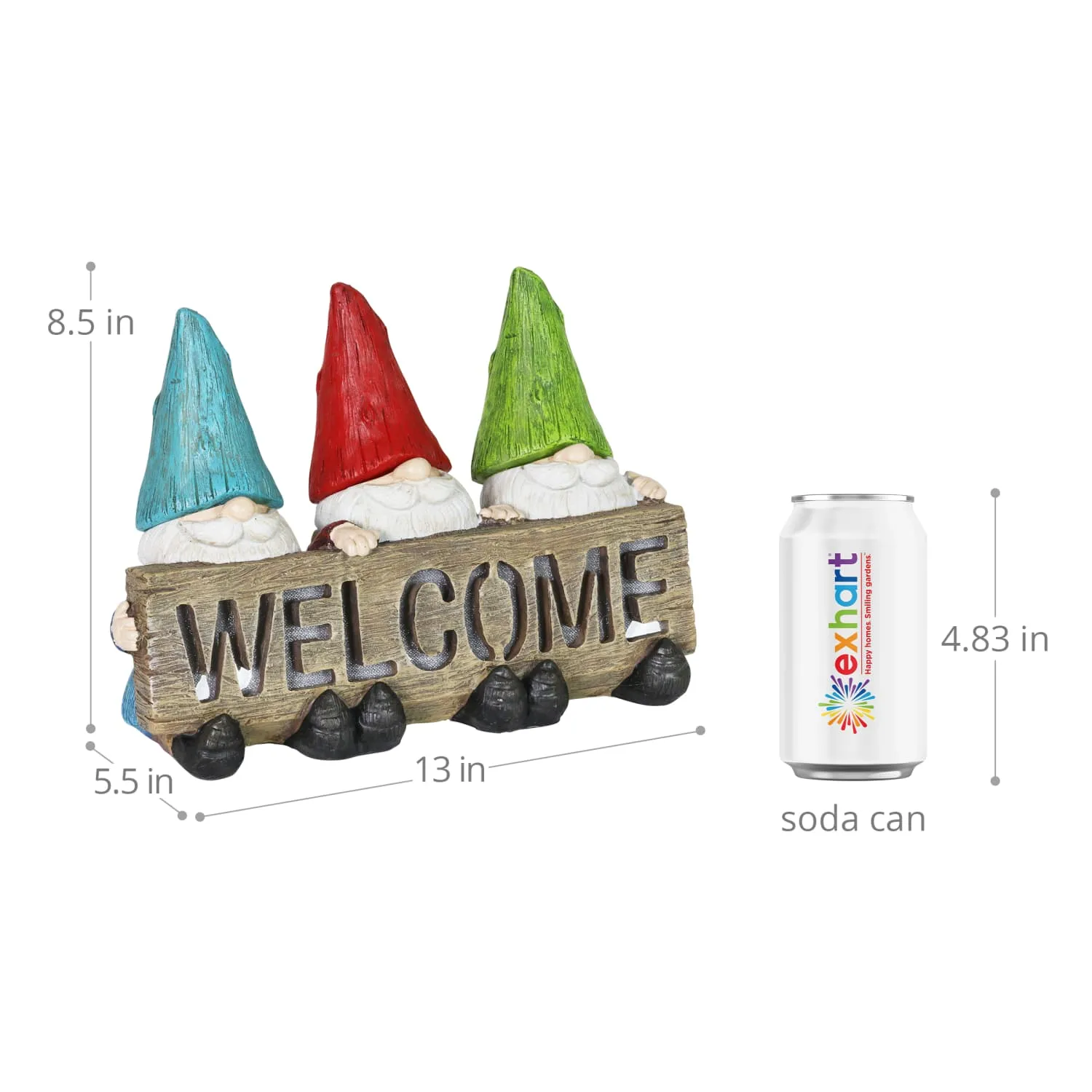 Solar Welcome Sign Held by Three Garden Gnomes Statuary, 13 by 8.5 Inches