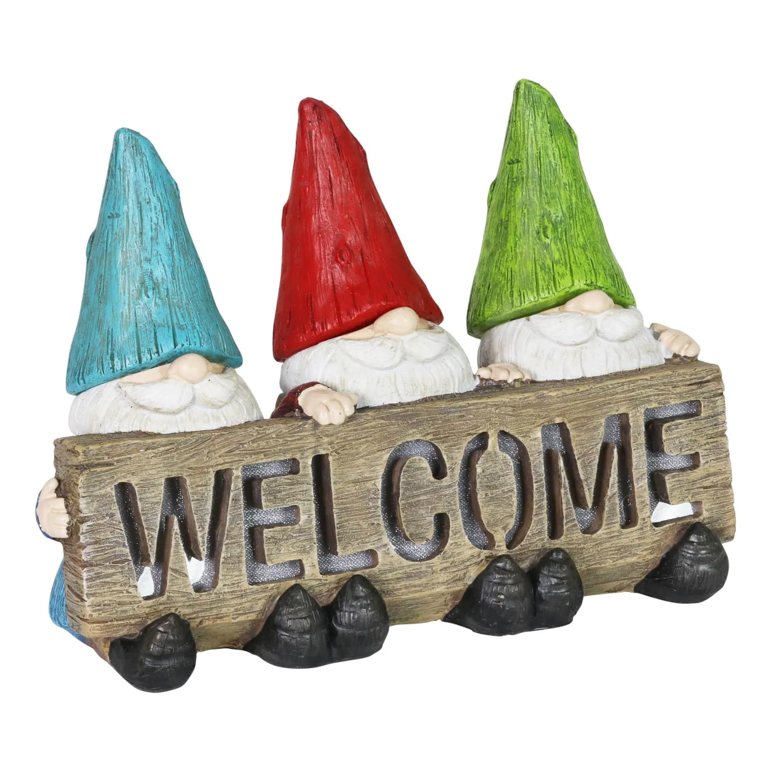 Solar Welcome Sign Held by Three Garden Gnomes Statuary, 13 by 8.5 Inches