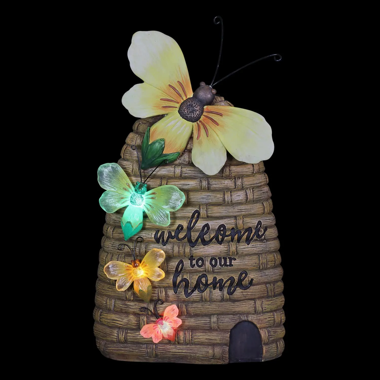 Solar Welcome to our Home Hand Painted Bee Hive Statuary, 15 Inch