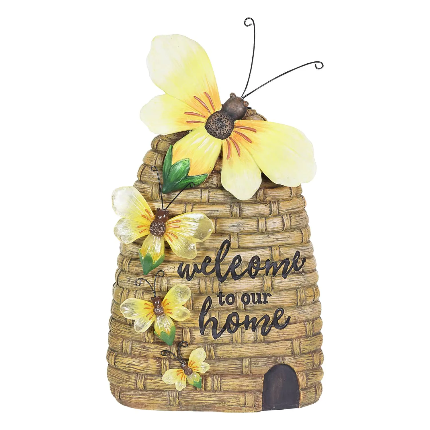 Solar Welcome to our Home Hand Painted Bee Hive Statuary, 15 Inch