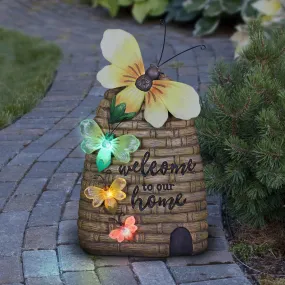 Solar Welcome to our Home Hand Painted Bee Hive Statuary, 15 Inch