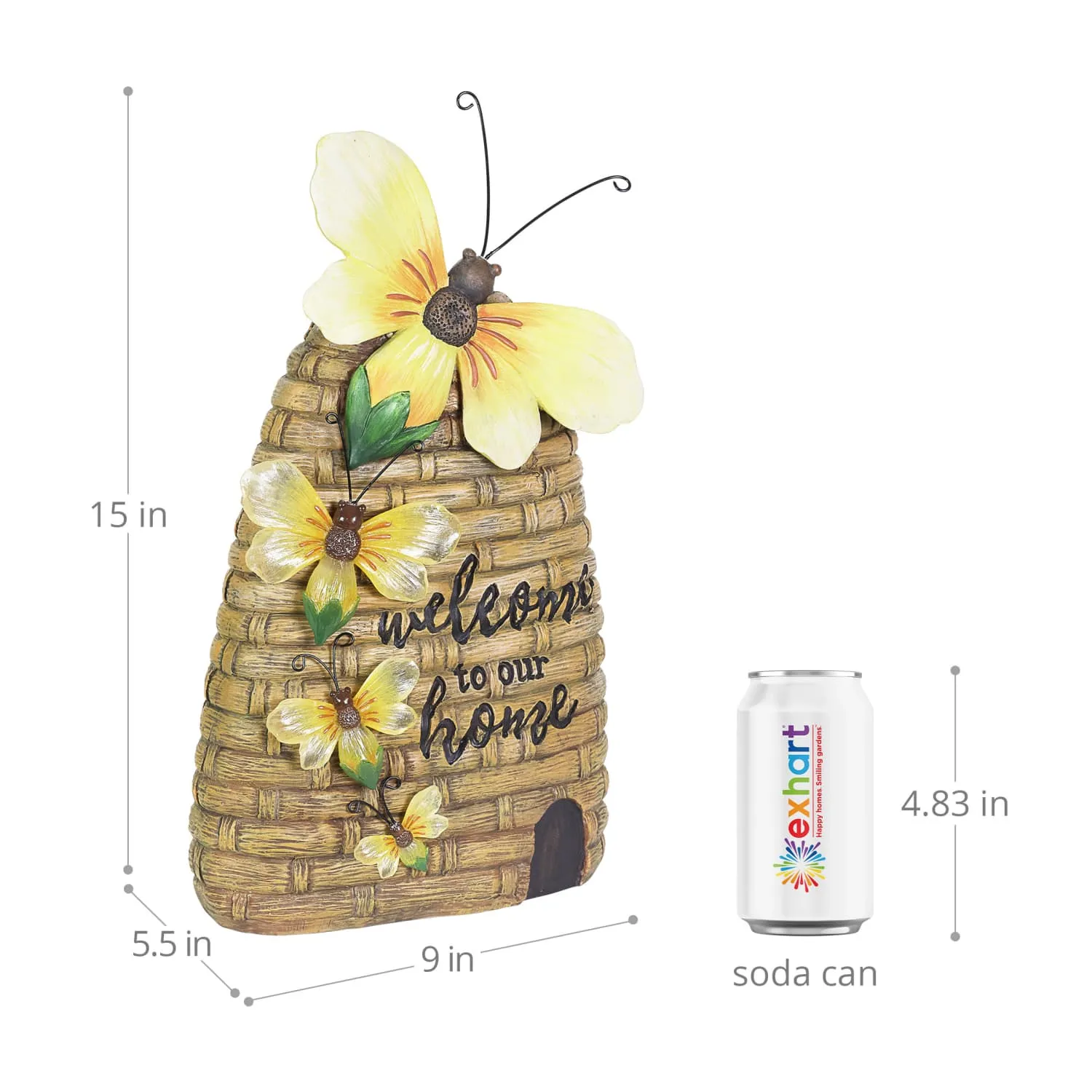 Solar Welcome to our Home Hand Painted Bee Hive Statuary, 15 Inch