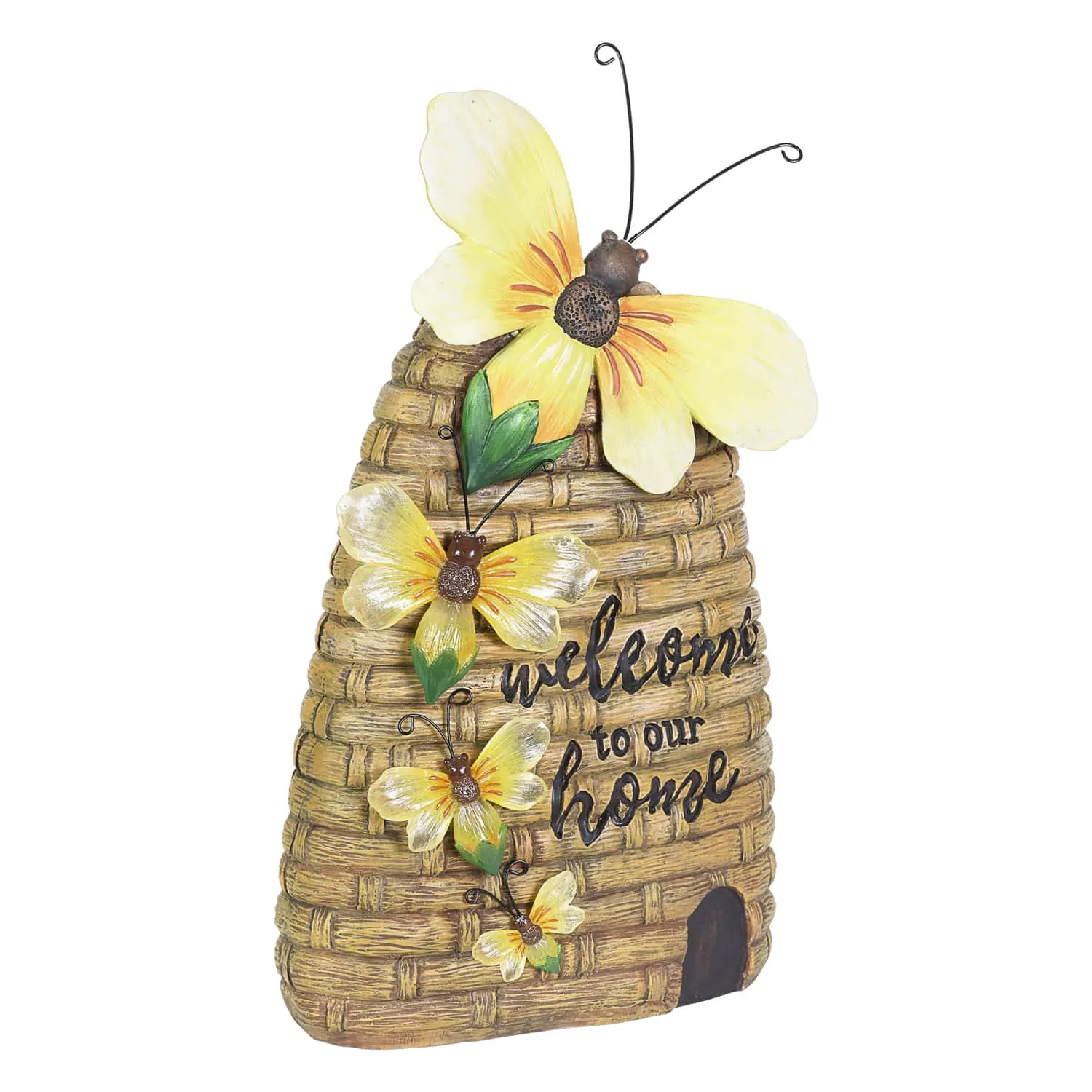 Solar Welcome to our Home Hand Painted Bee Hive Statuary, 15 Inch