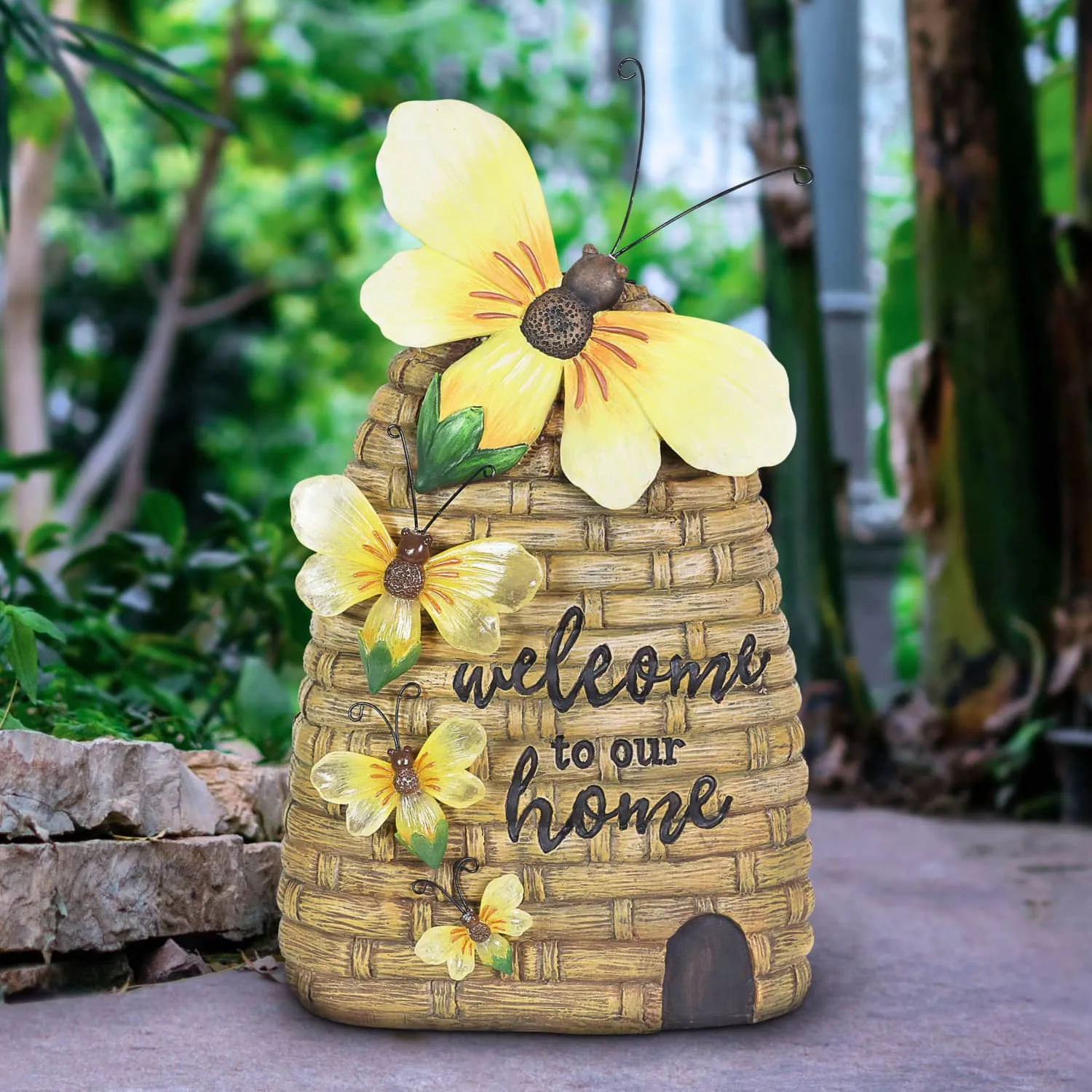 Solar Welcome to our Home Hand Painted Bee Hive Statuary, 15 Inch