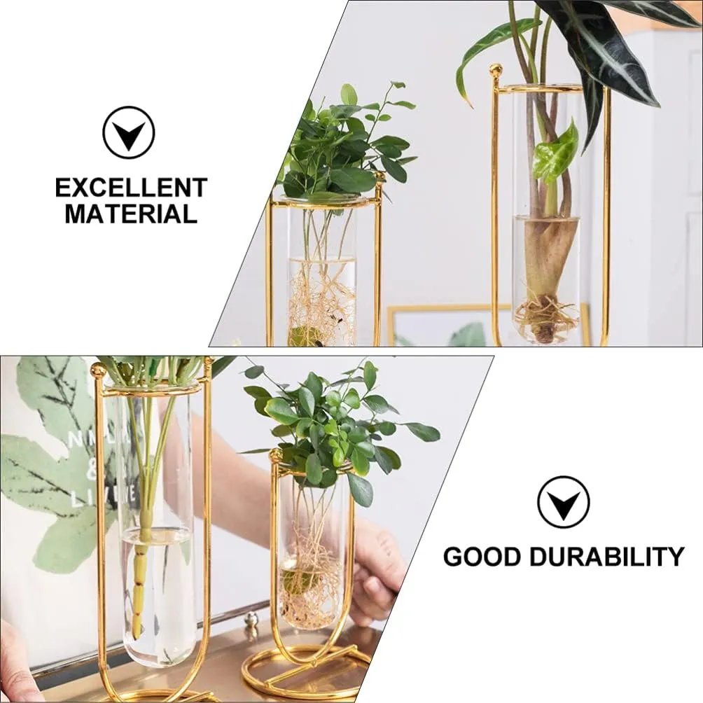 THE UNIQUE DESIGNS™ Desktop Glass Planter Hydroponics Vase Glass Propagation Station with Modern Creative Geometric Metal Frame Test Tube Vase for Home Office Decor Table Top (Set of 2)