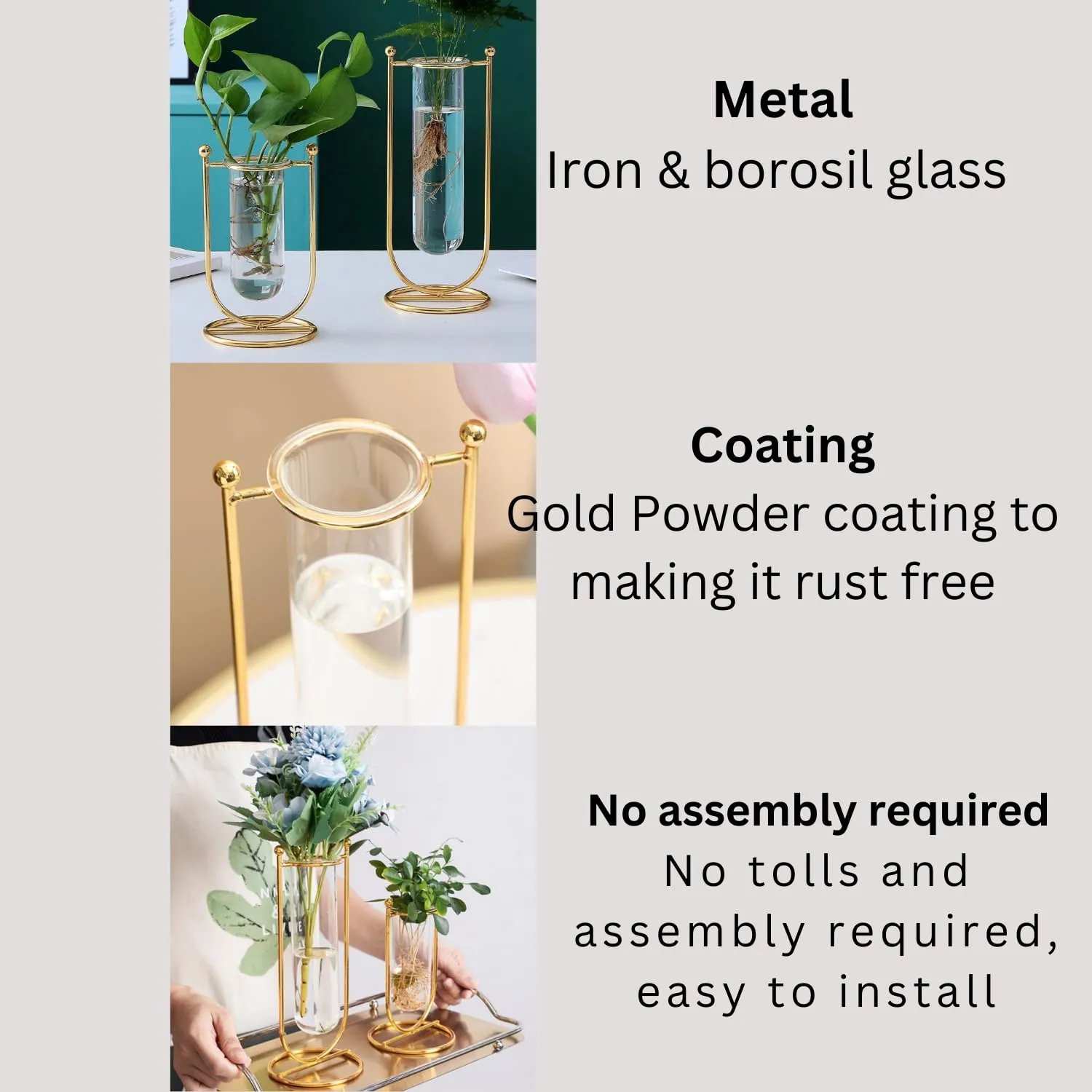 THE UNIQUE DESIGNS™ Desktop Glass Planter Hydroponics Vase Glass Propagation Station with Modern Creative Geometric Metal Frame Test Tube Vase for Home Office Decor Table Top (Set of 2)