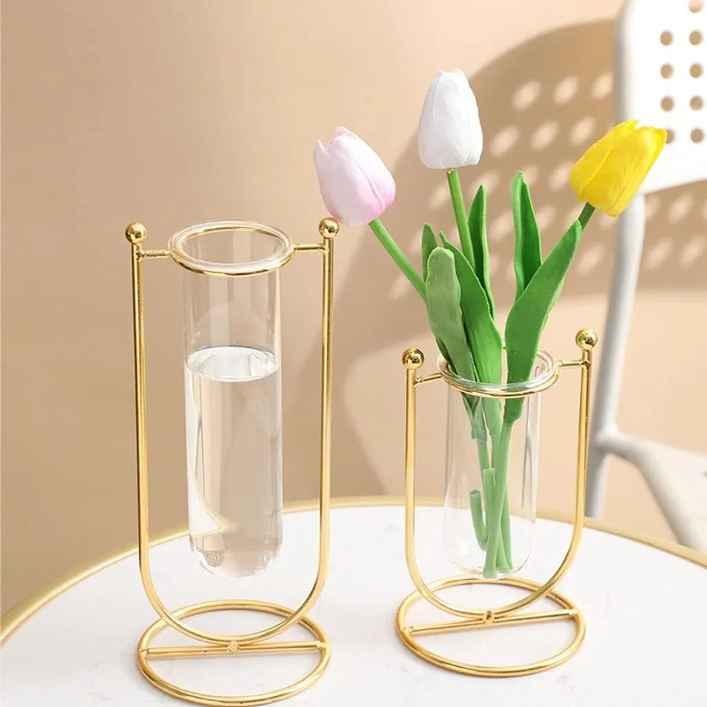 THE UNIQUE DESIGNS™ Desktop Glass Planter Hydroponics Vase Glass Propagation Station with Modern Creative Geometric Metal Frame Test Tube Vase for Home Office Decor Table Top (Set of 2)