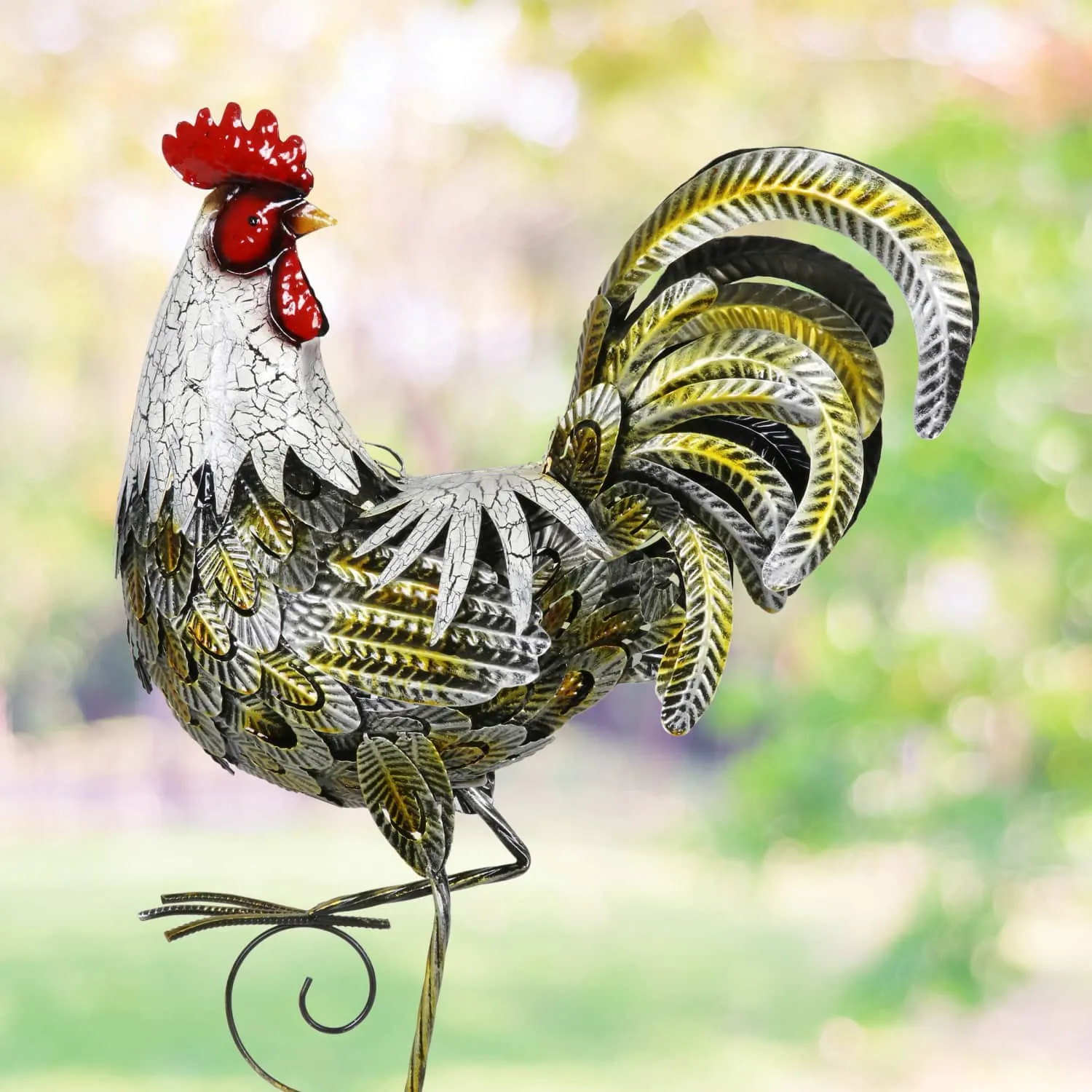 White and Gold Metal Rooster Garden Statue, 7 by 25 Inches