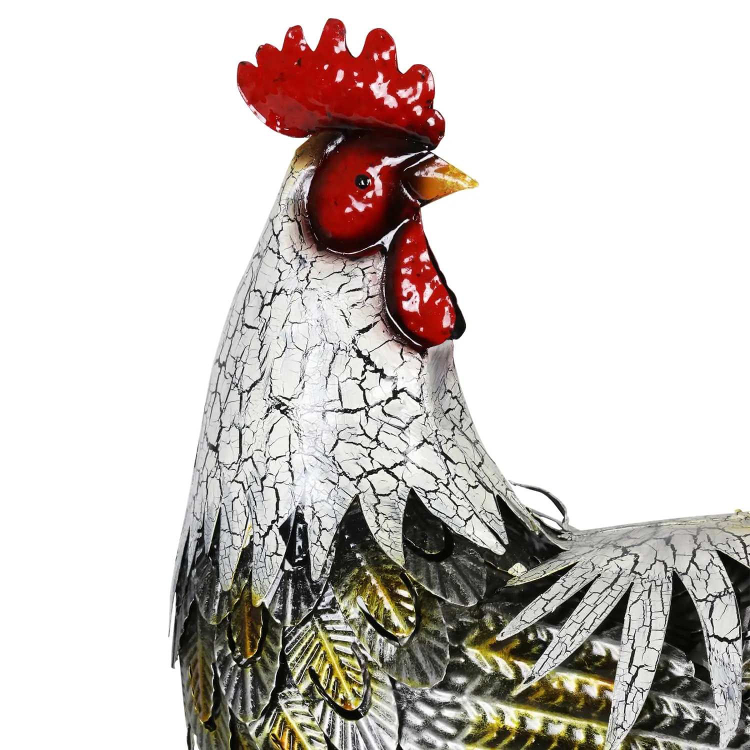 White and Gold Metal Rooster Garden Statue, 7 by 25 Inches