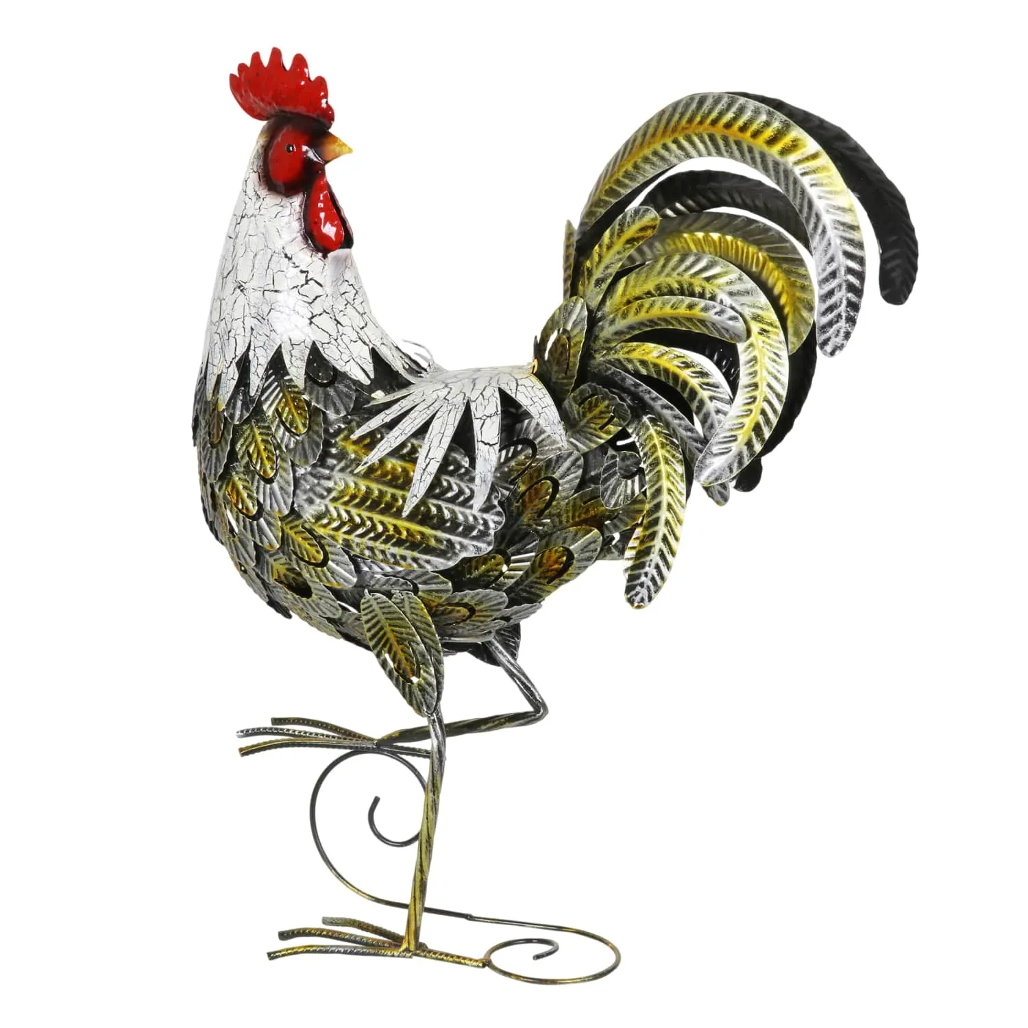 White and Gold Metal Rooster Garden Statue, 7 by 25 Inches
