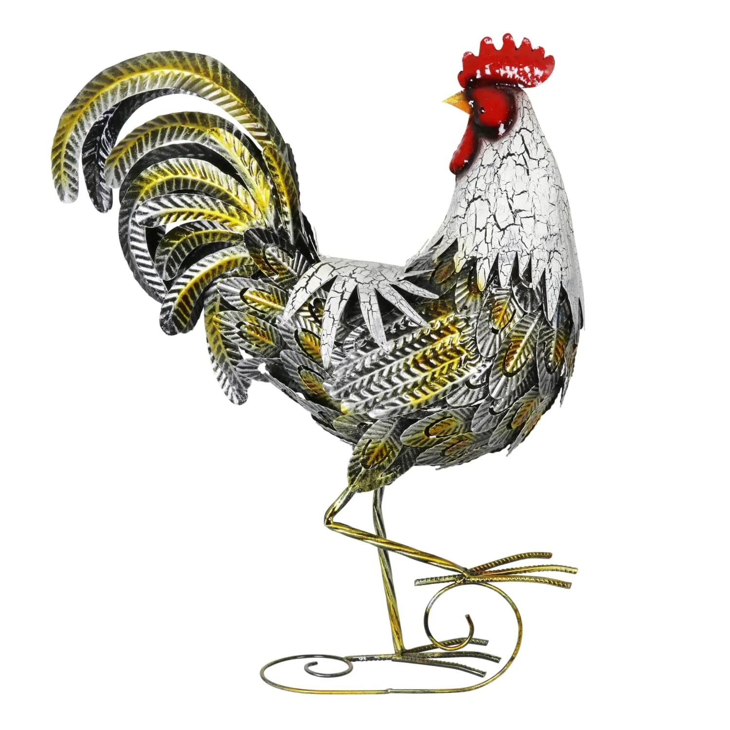 White and Gold Metal Rooster Garden Statue, 7 by 25 Inches