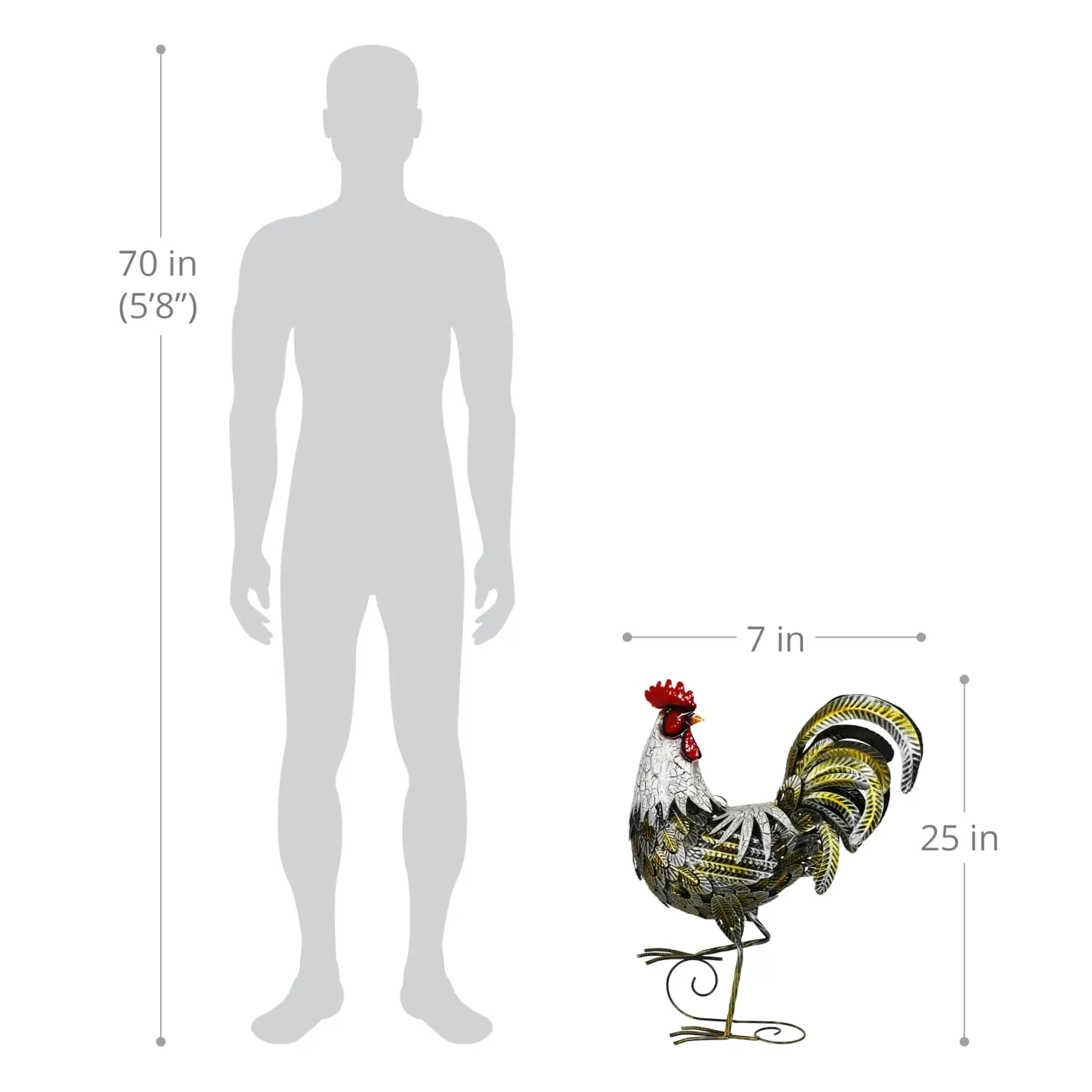 White and Gold Metal Rooster Garden Statue, 7 by 25 Inches
