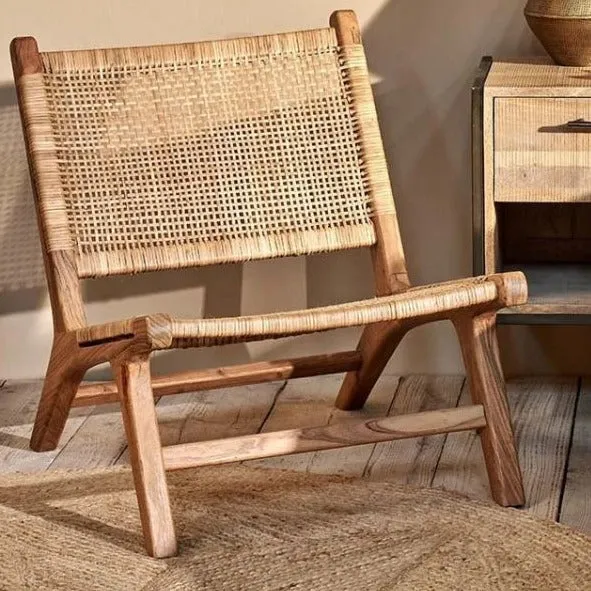 Woven Rattan and Acacia Wood Low Chair